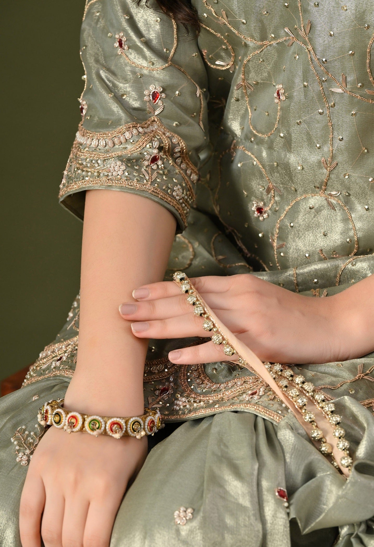 Green Gharara Set with Zardozi, Dabka, Sequin, Pearl & Kundan Work.