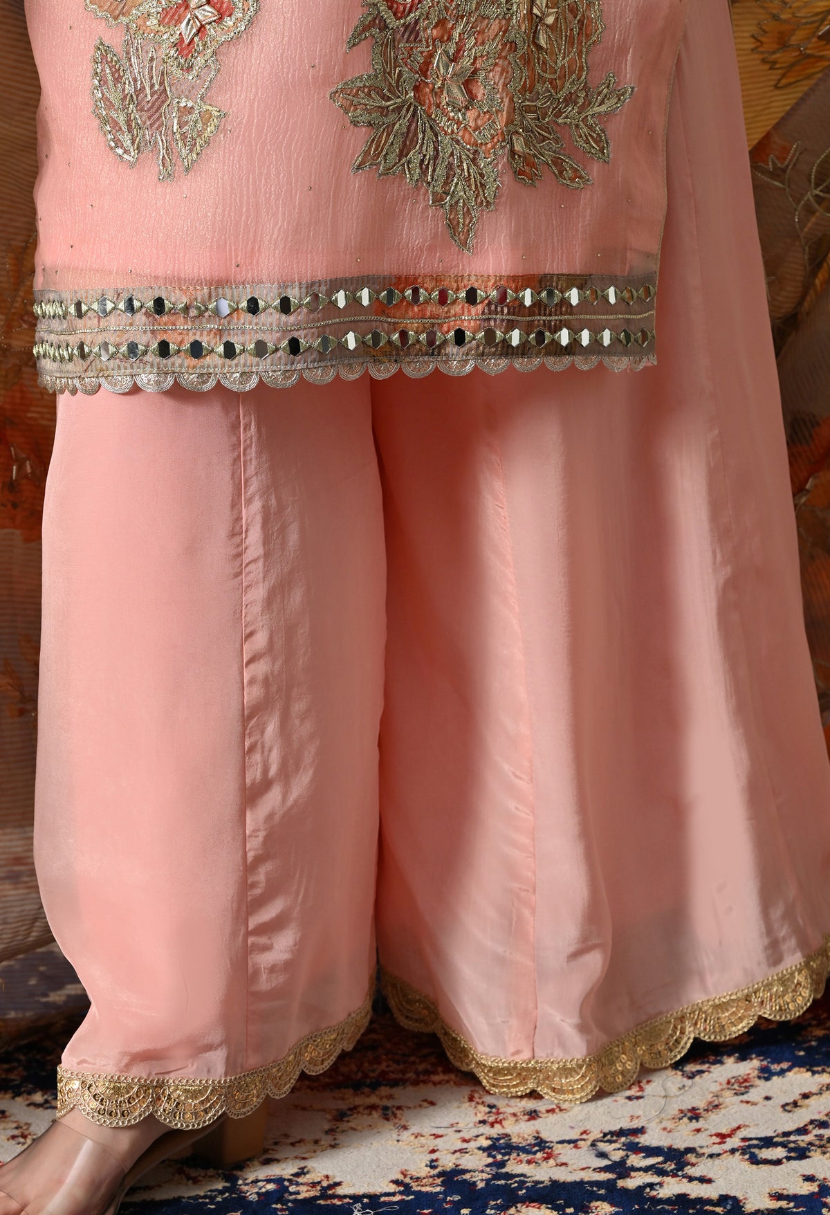 Peach Crushed Tissue Sharara Set With Gotta, Zardozi, Mirror, & Appliqué Work