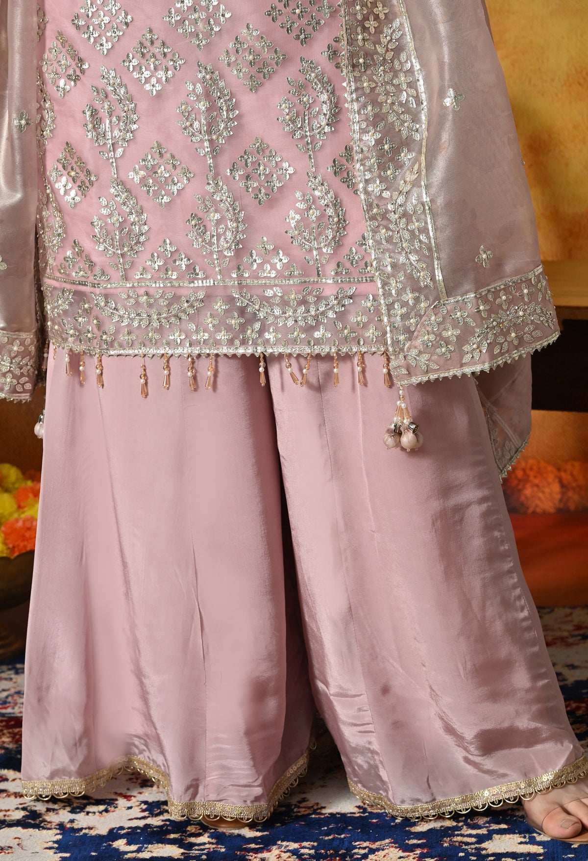 Blush Pink Sharara Set With Gotta, Crystal & Pearl Work
