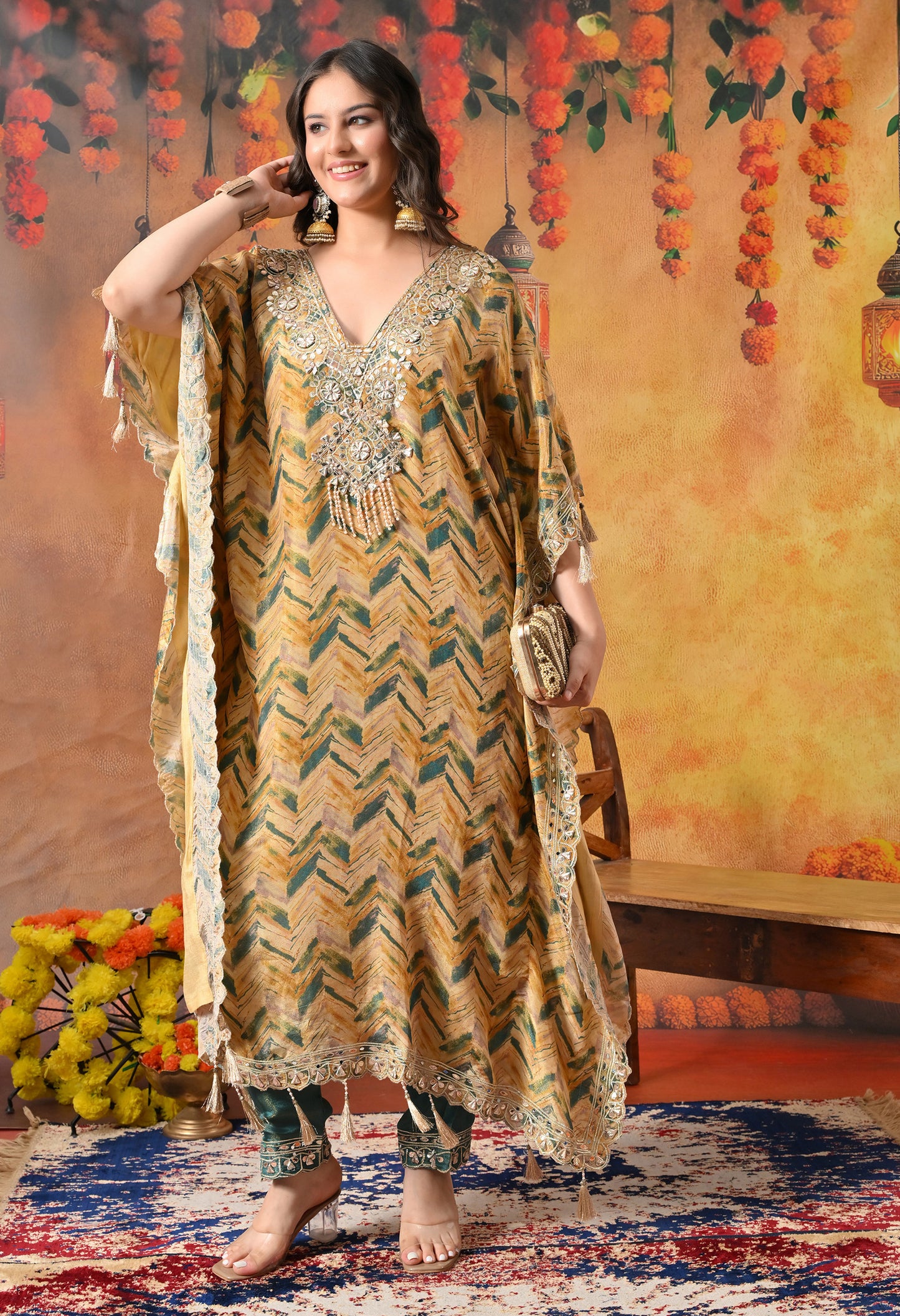 Lavish Yellow and Green Kaftan Set with Gotta, Zardozi, and Mirror Work