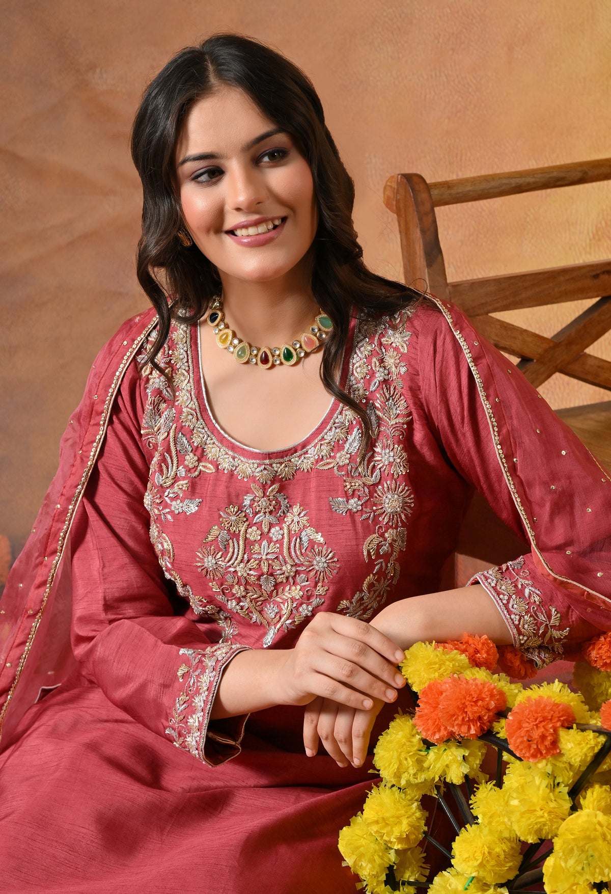 Warm Brown Red Silk Kurta Set with Zardozi Embroidery