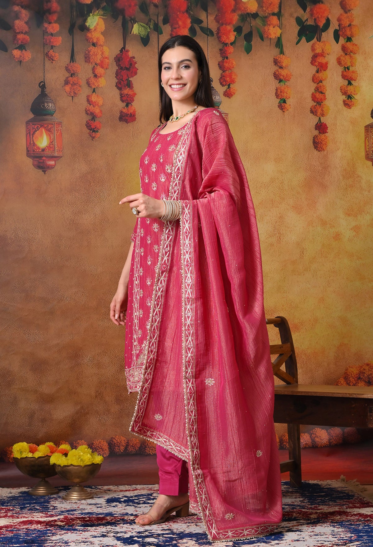 Pink Crushed Tissue Silk & Crepe Zardozi–Thread–Sequence–Pearl Kurta Set