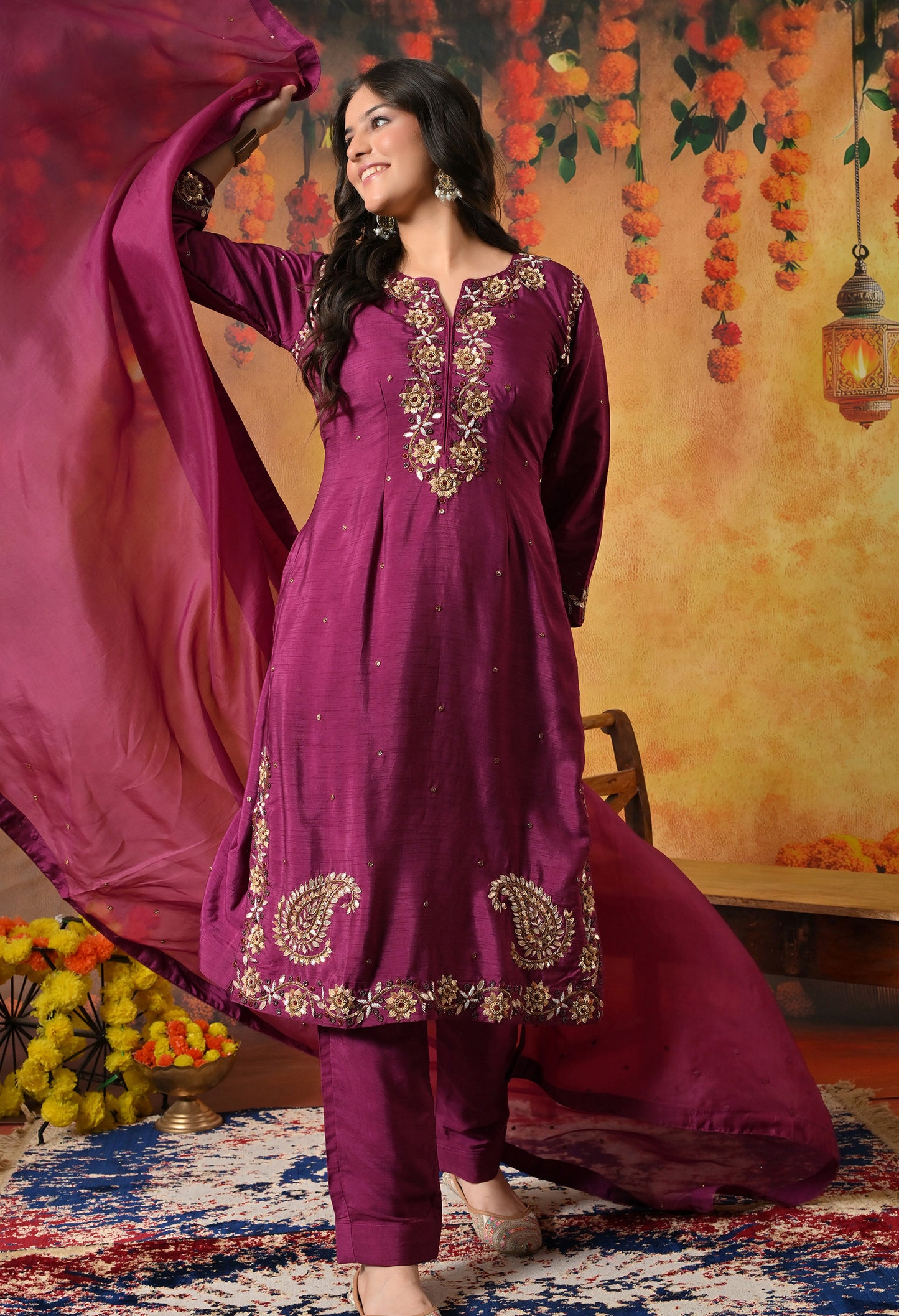 Elegant Black Pink Kurta Set with Intricate Zardozi Work