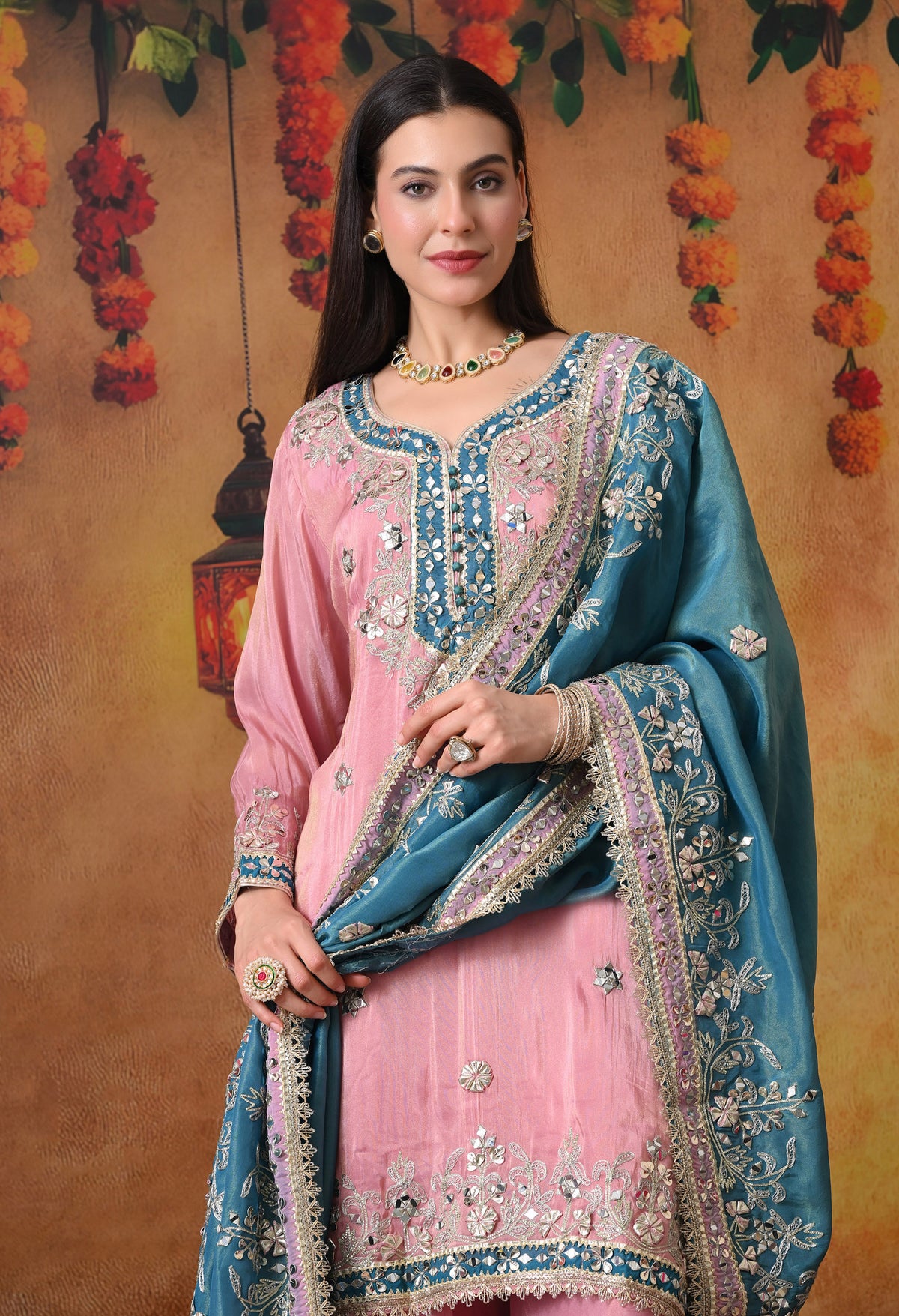 Carrot Pink Sharara Set with Mirror & Gotta Work