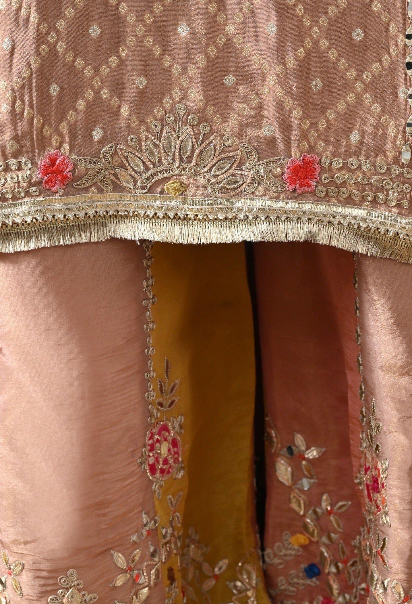 Peach Sharara Set with Gotta, Zardozi, Applique & Thread Work.