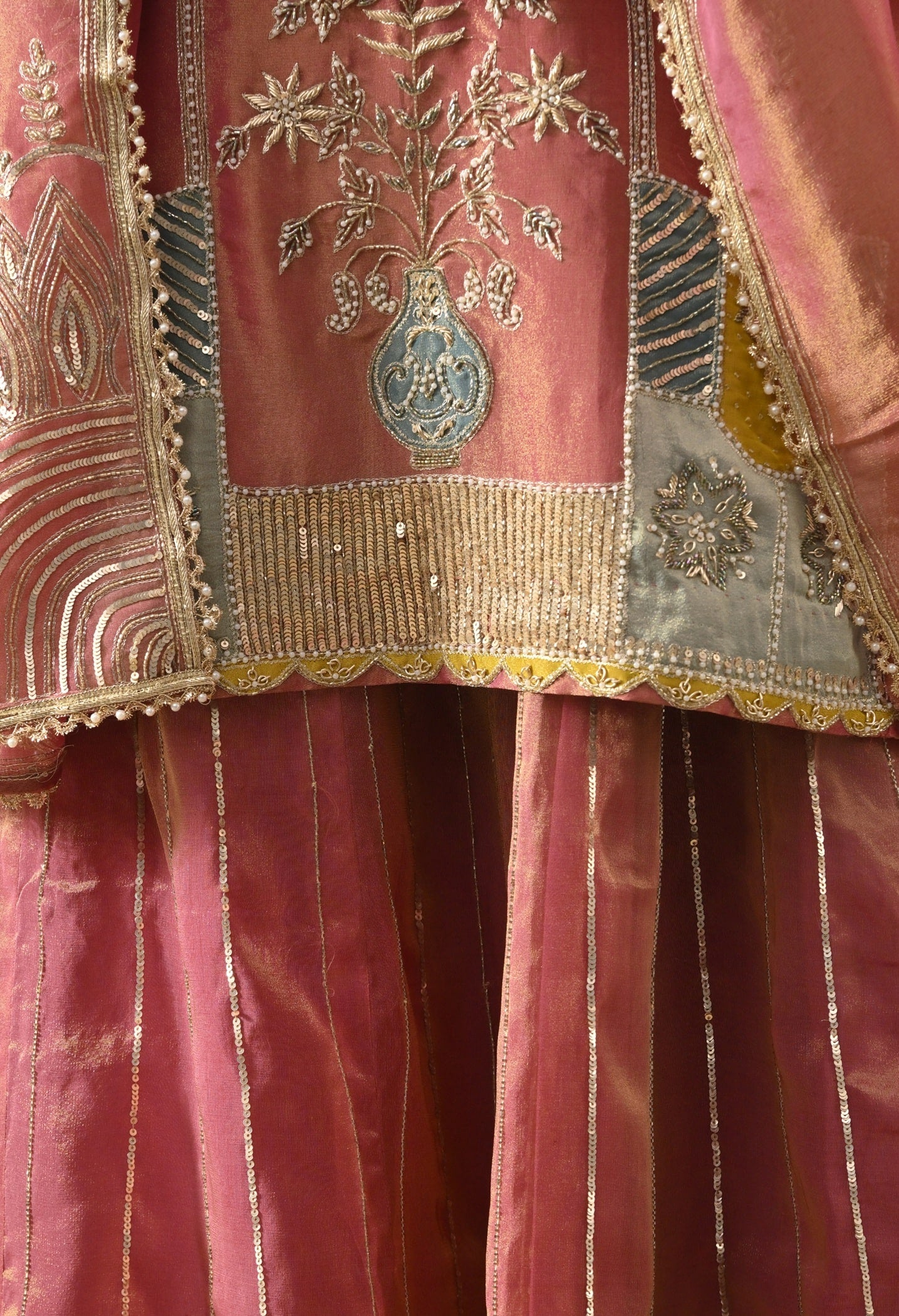 Brownish Purple Tissue Organza Lehenga Set with Zardozi, Sequin & Pearl Work.