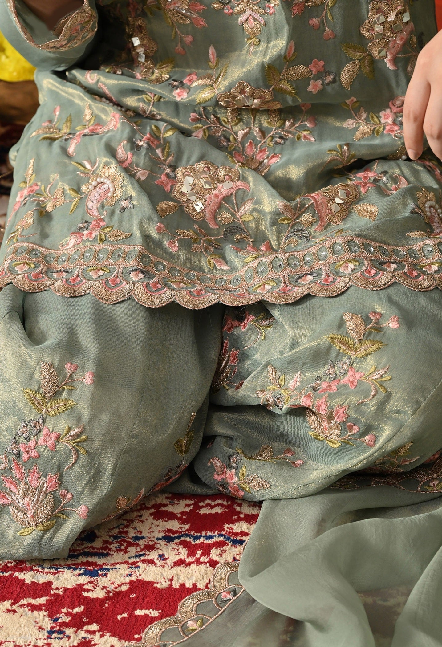 Green Sharara Set with Thread, Zardozi, Pearl, Sequin & Mirror Work.