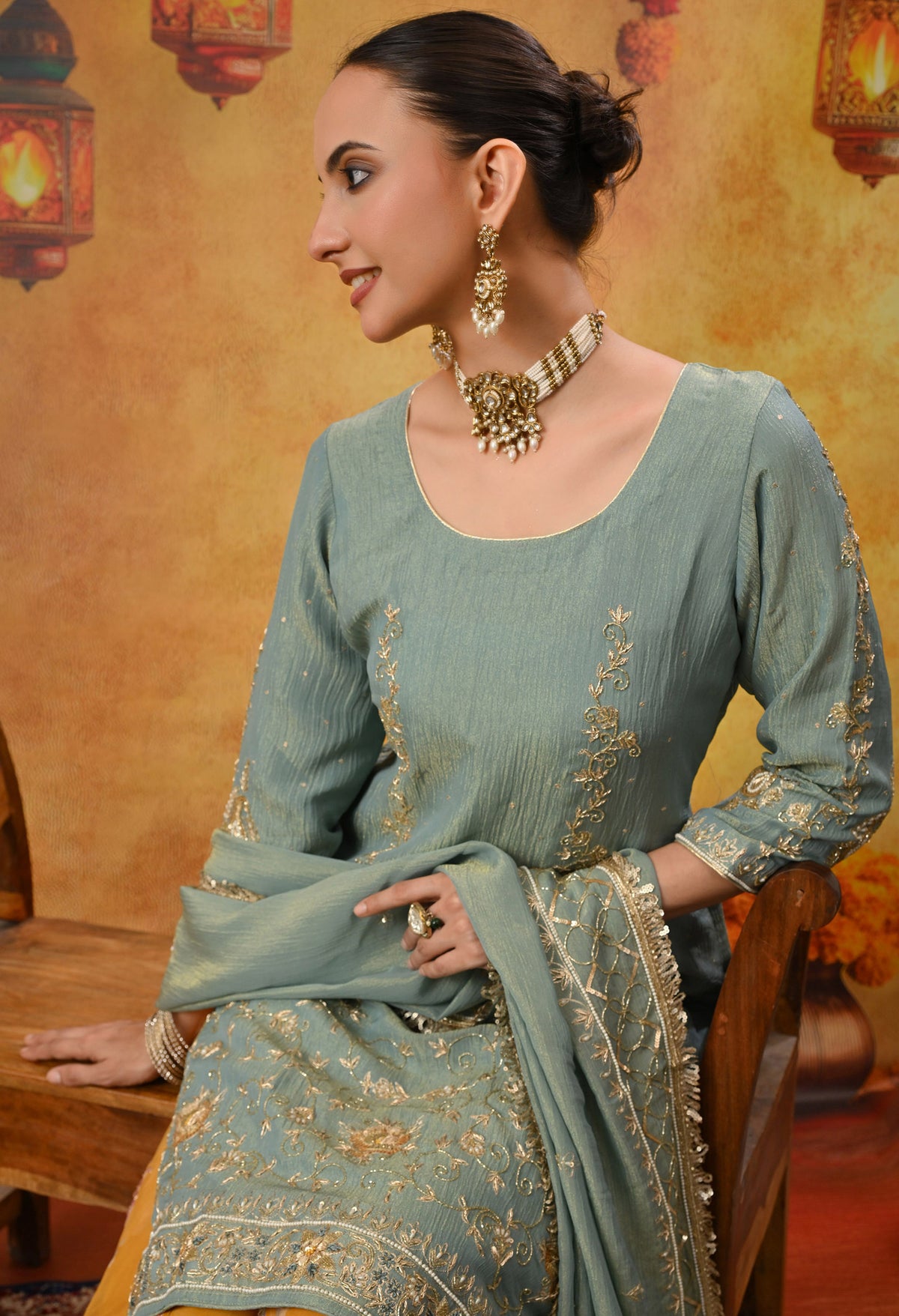 Grey and Yellow Sharara Set with Zardozi, Dabka, Sequence, and Thread Work