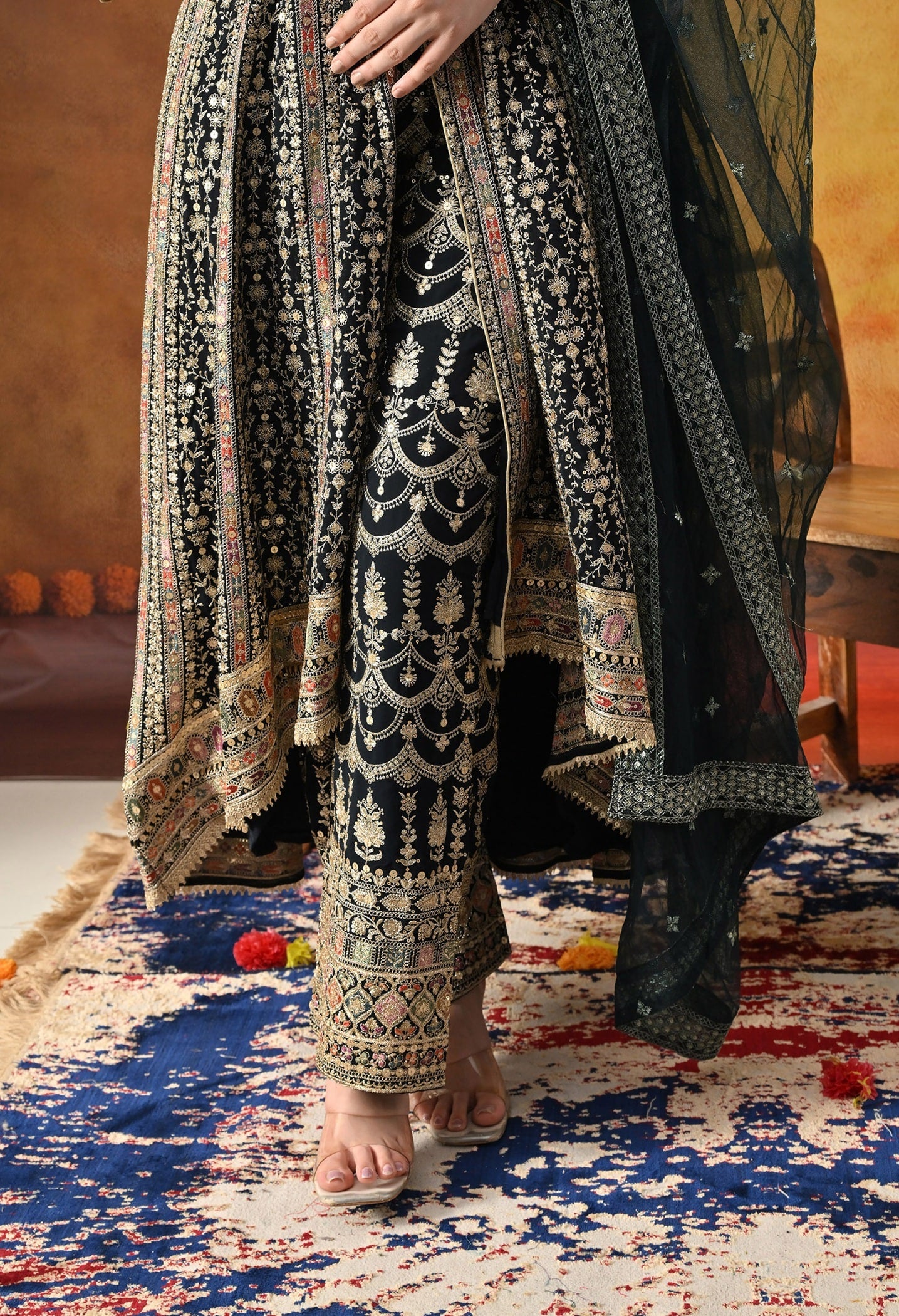 Navy Blue Anarkali Set with Zardozi, Crystal, Mirror & Sequin Work.