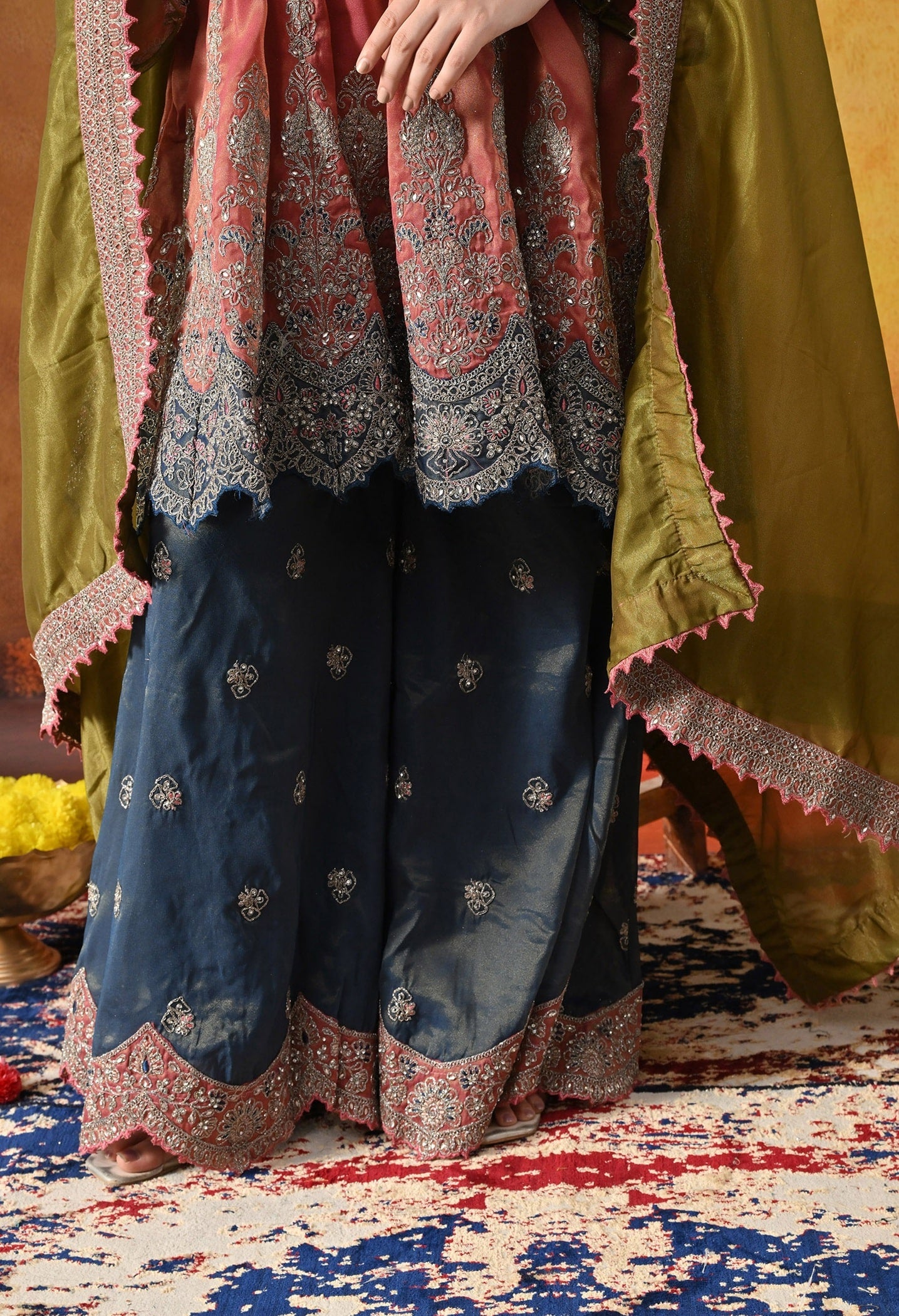 Rust Brown Sharara Set with Zardozi, Crystal, Applique & Thread Work.