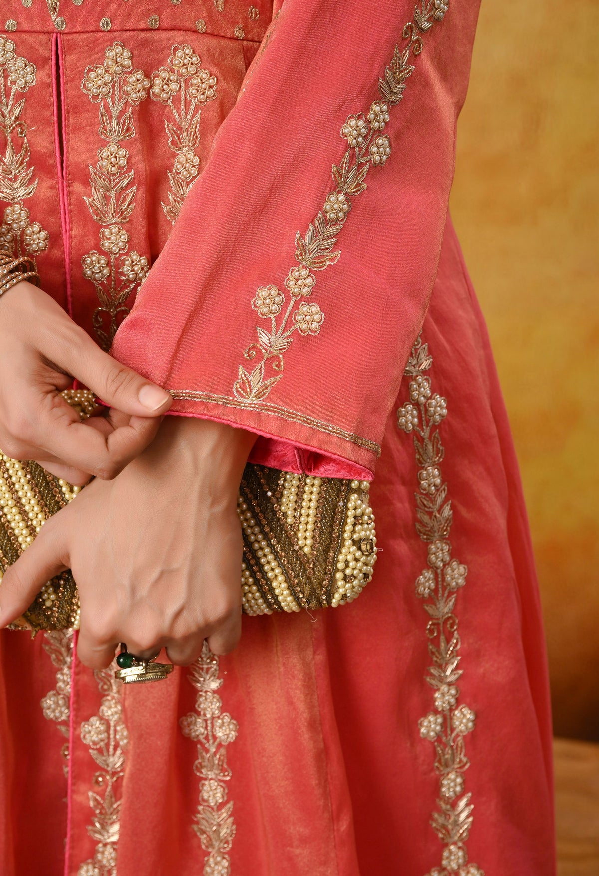Orange Anarkali Set with Contrast Dupatta and Detailed Embroidery