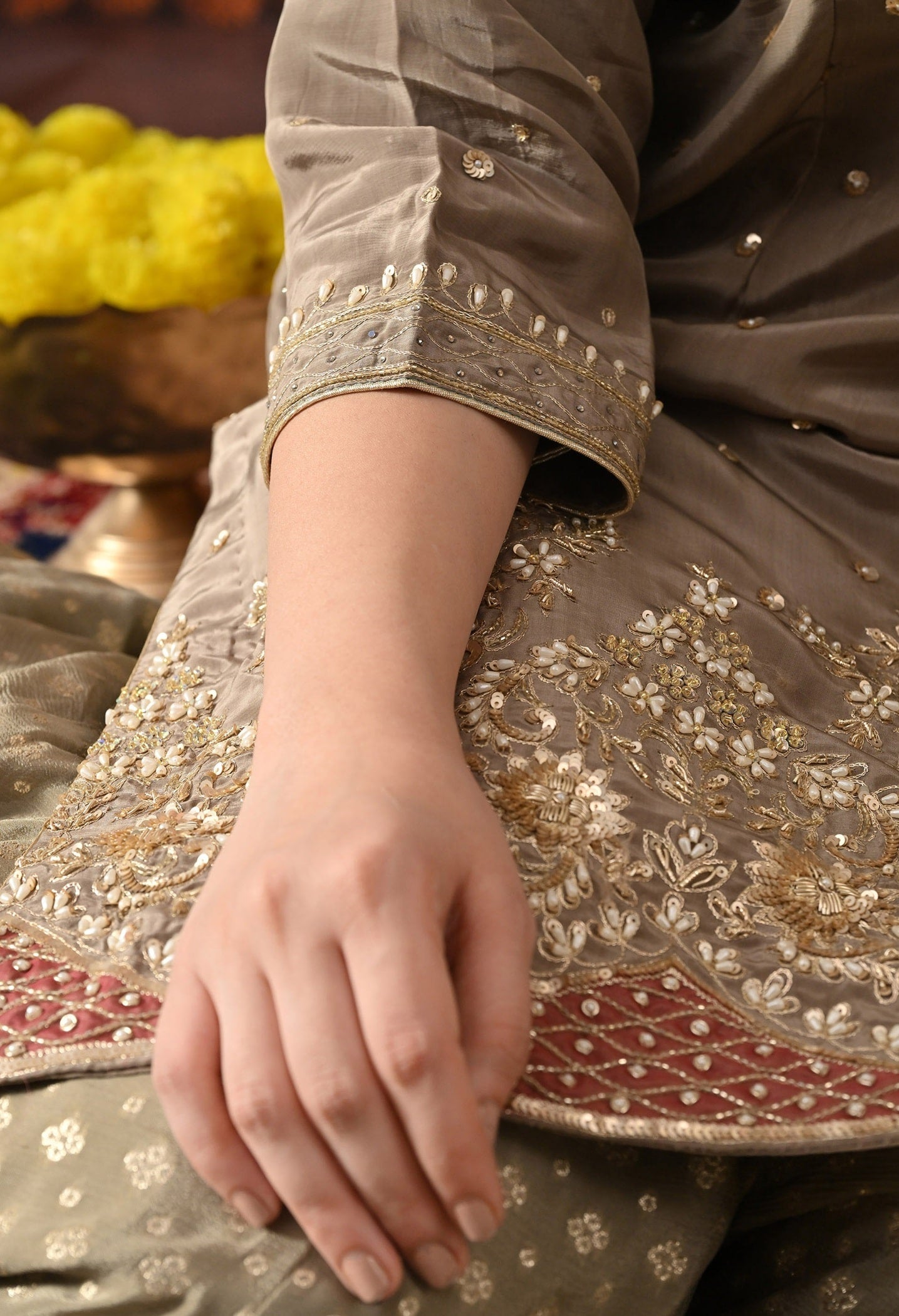 Green Sharara Set with Zardozi, Applique, Pearl & Sequin Work.