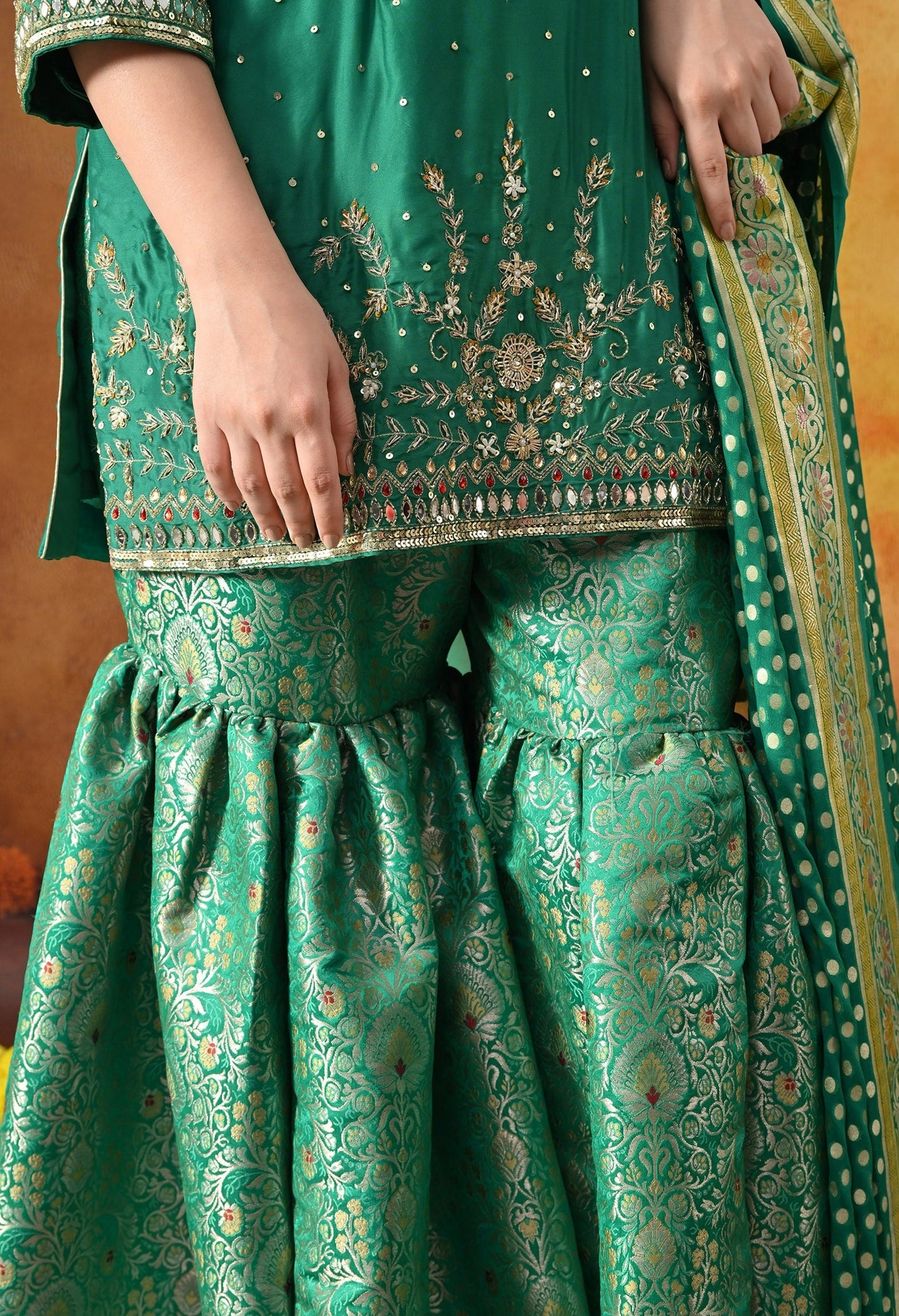 Green Sharara Set with Zardozi, Pearl, Sequin, Cutdana & Mirror Work.
