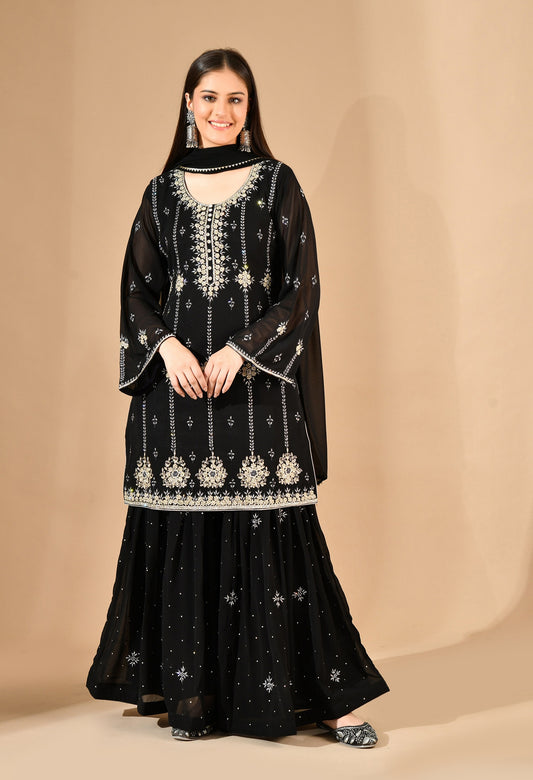 Black Thread & Zardozi Sharara Set