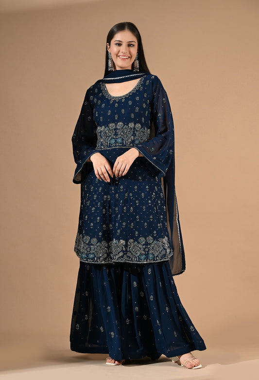 Blue Georgette Sharara Set with Thread & Crystal Embroidery