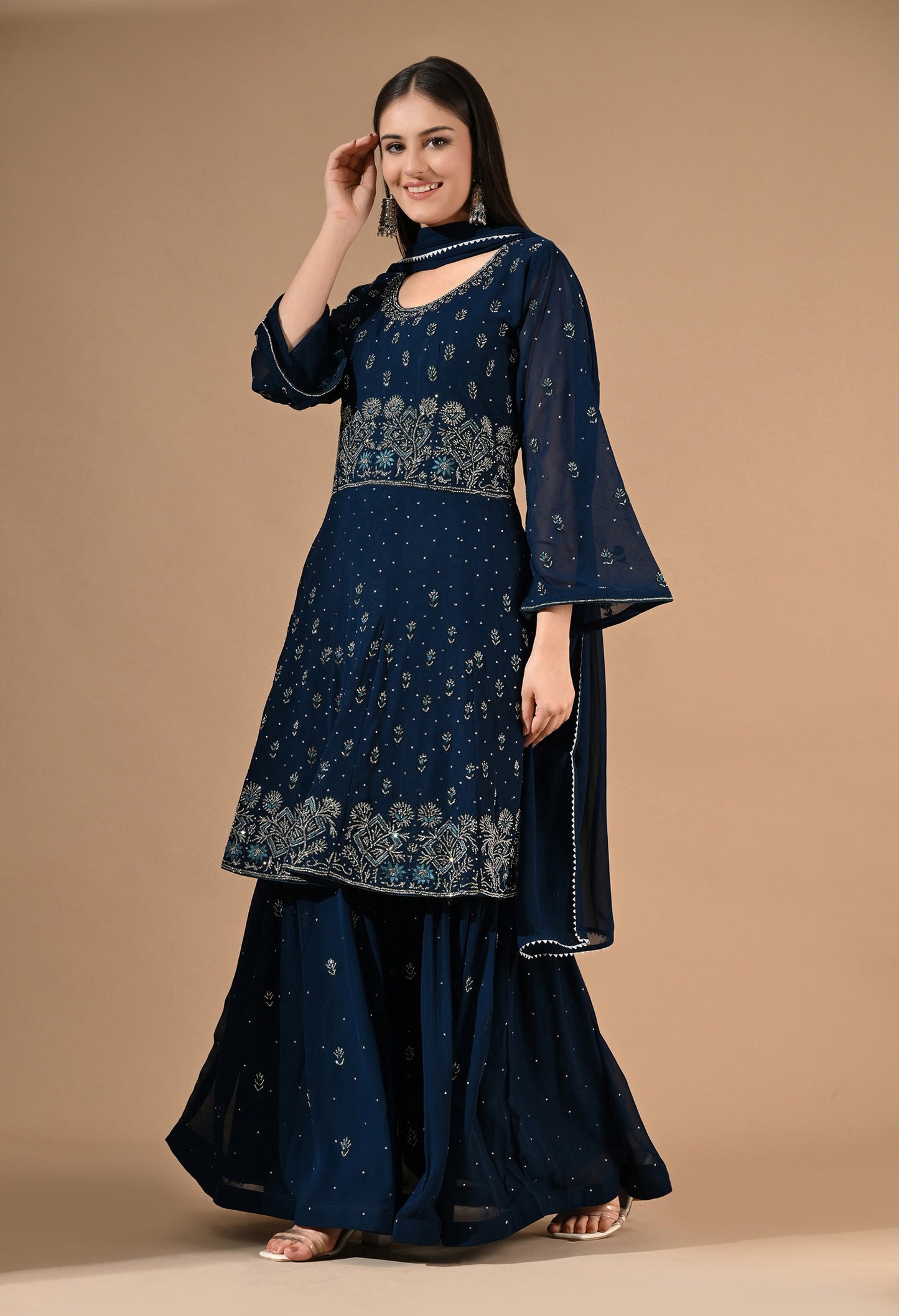 Blue Georgette Sharara Set with Thread & Crystal Embroidery