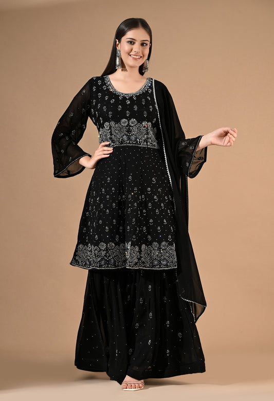 Black Georgette Sharara Set with Thread & Crystal Embroidery