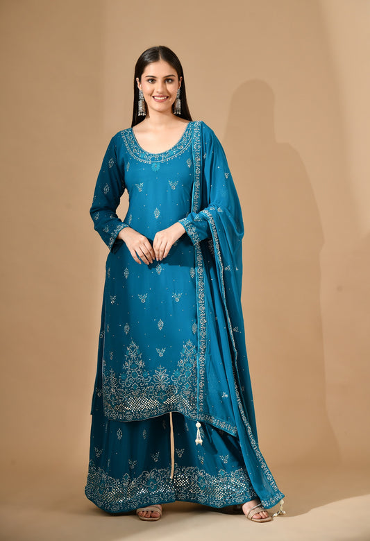 Firozi Blue Georgette Sharara Set with Mirror & Crystal Embroidery
