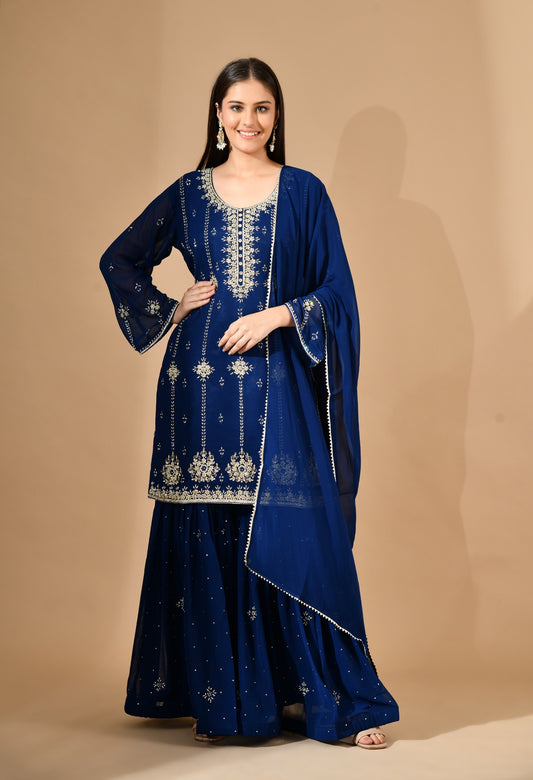 Royal Blue Georgette Sharara Set with Crystal & Zari Embroidery