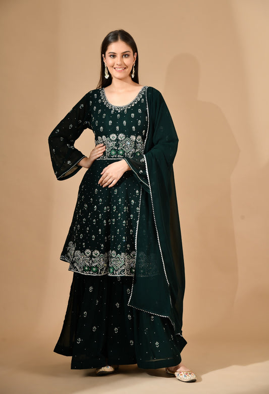 Bottle Green Georgette Sharara Set with Crystal & Thread Work