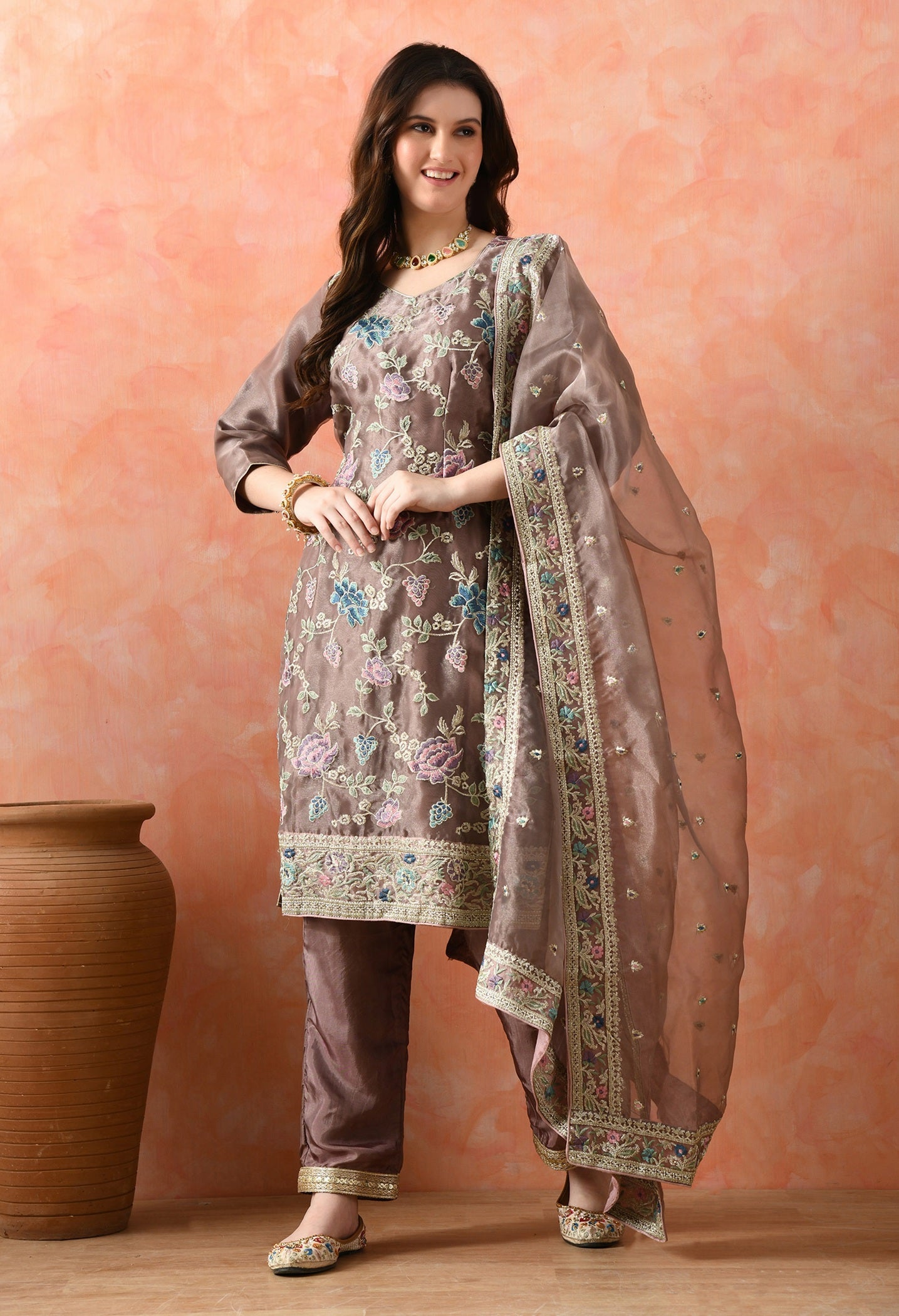 Purple Organza Tissue Thread & Zardozi Kurta Set