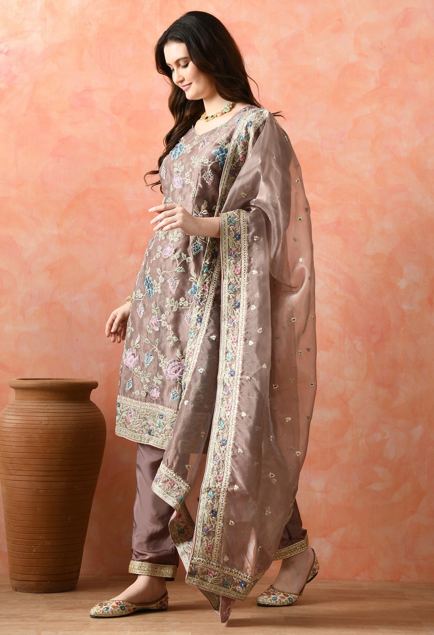 Purple Organza Tissue Thread & Zardozi Kurta Set