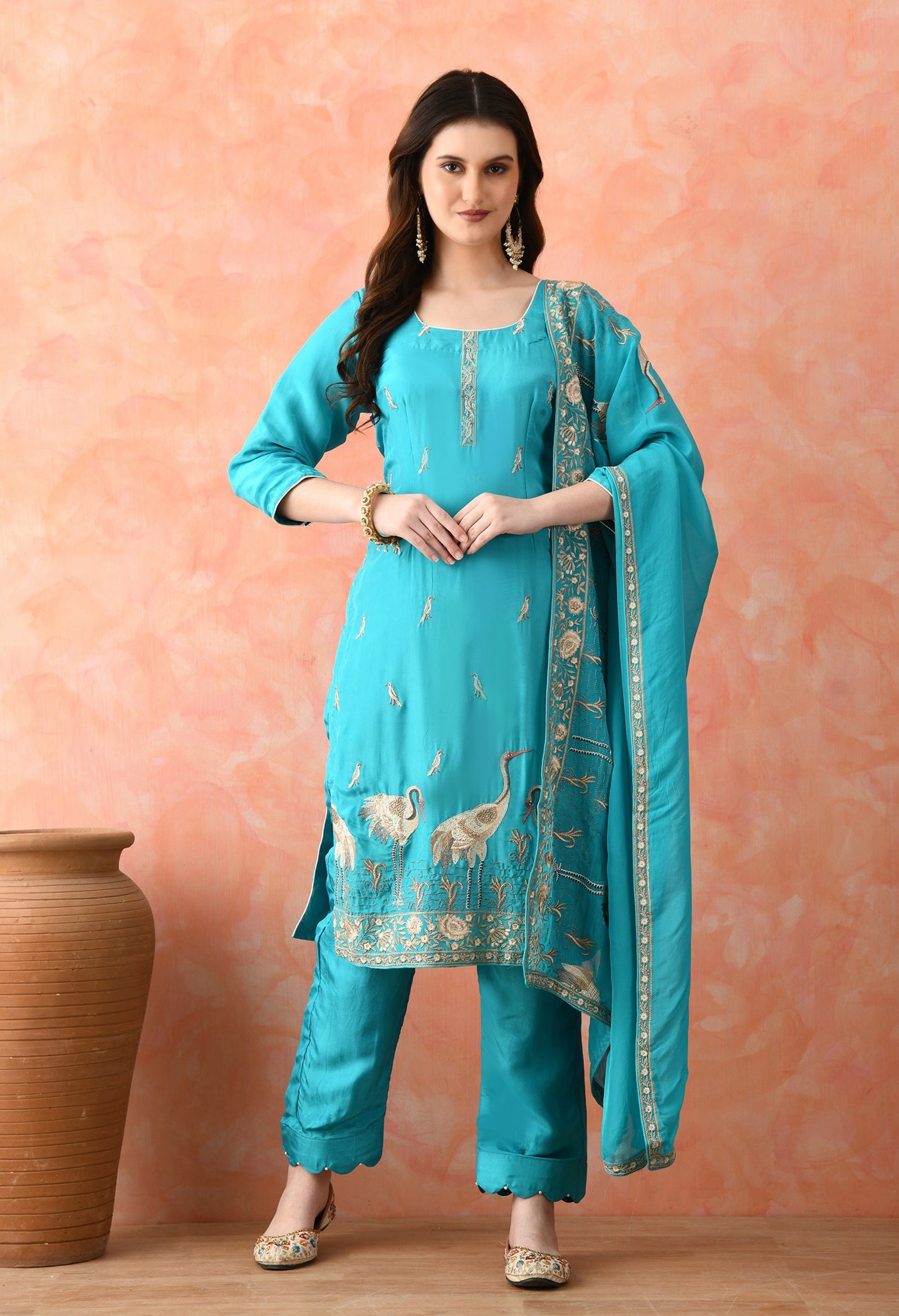 Blue Crepe & Chinon Thread Work Kurta Set