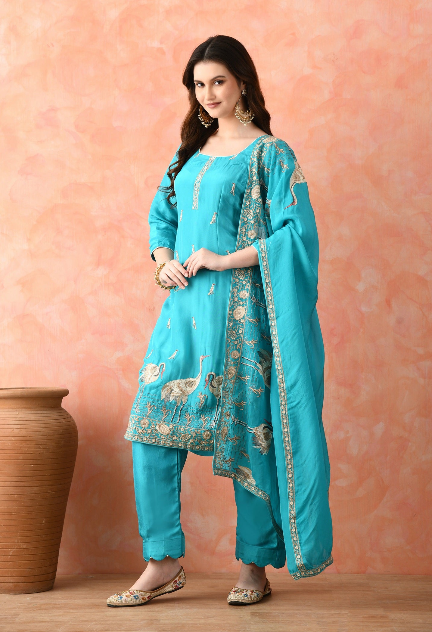 Blue Crepe & Chinon Thread Work Kurta Set
