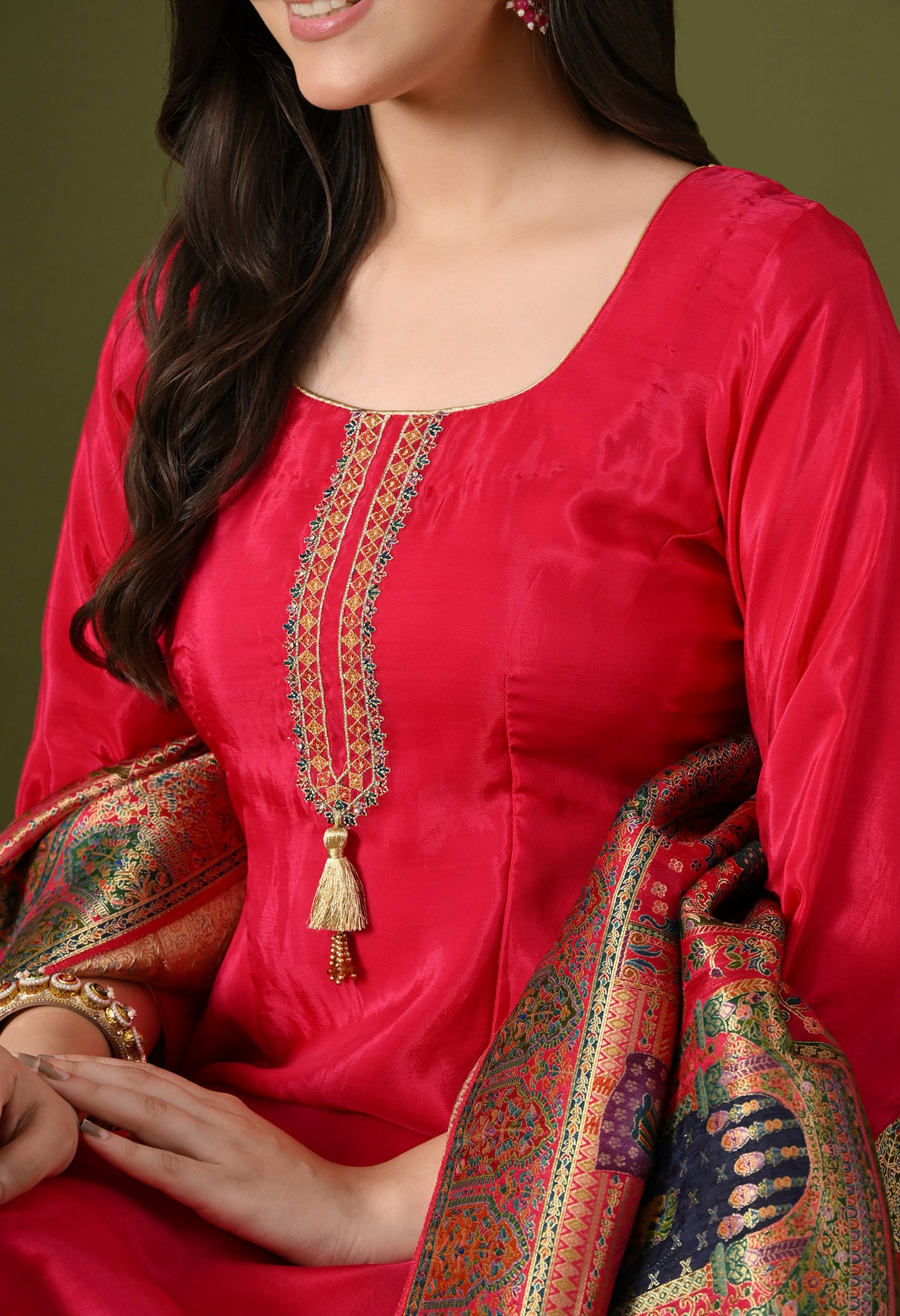 Hot Pink Crepe & Banarasi Silk Thread–Zardozi Kurta Set