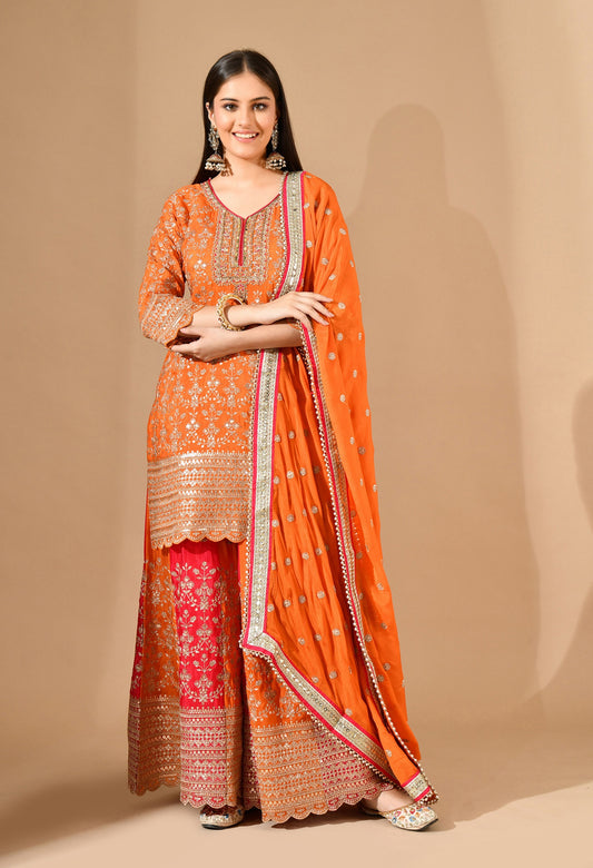 Orange & Pink Chinon Sharara Set with Zardozi & Mirror Work