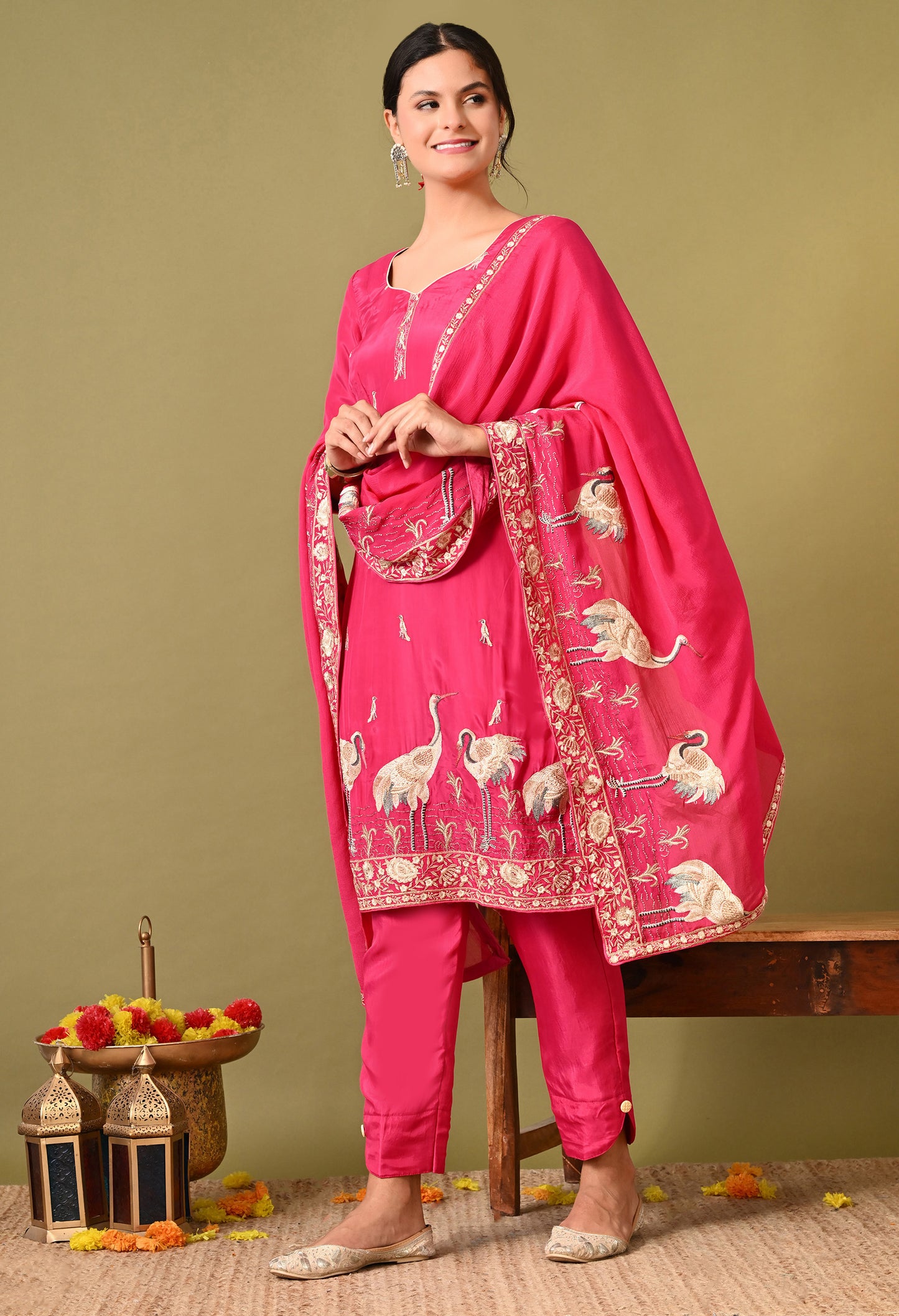 Vibrant and Graceful Reddish Pink Kurta Set with Parsi Work
