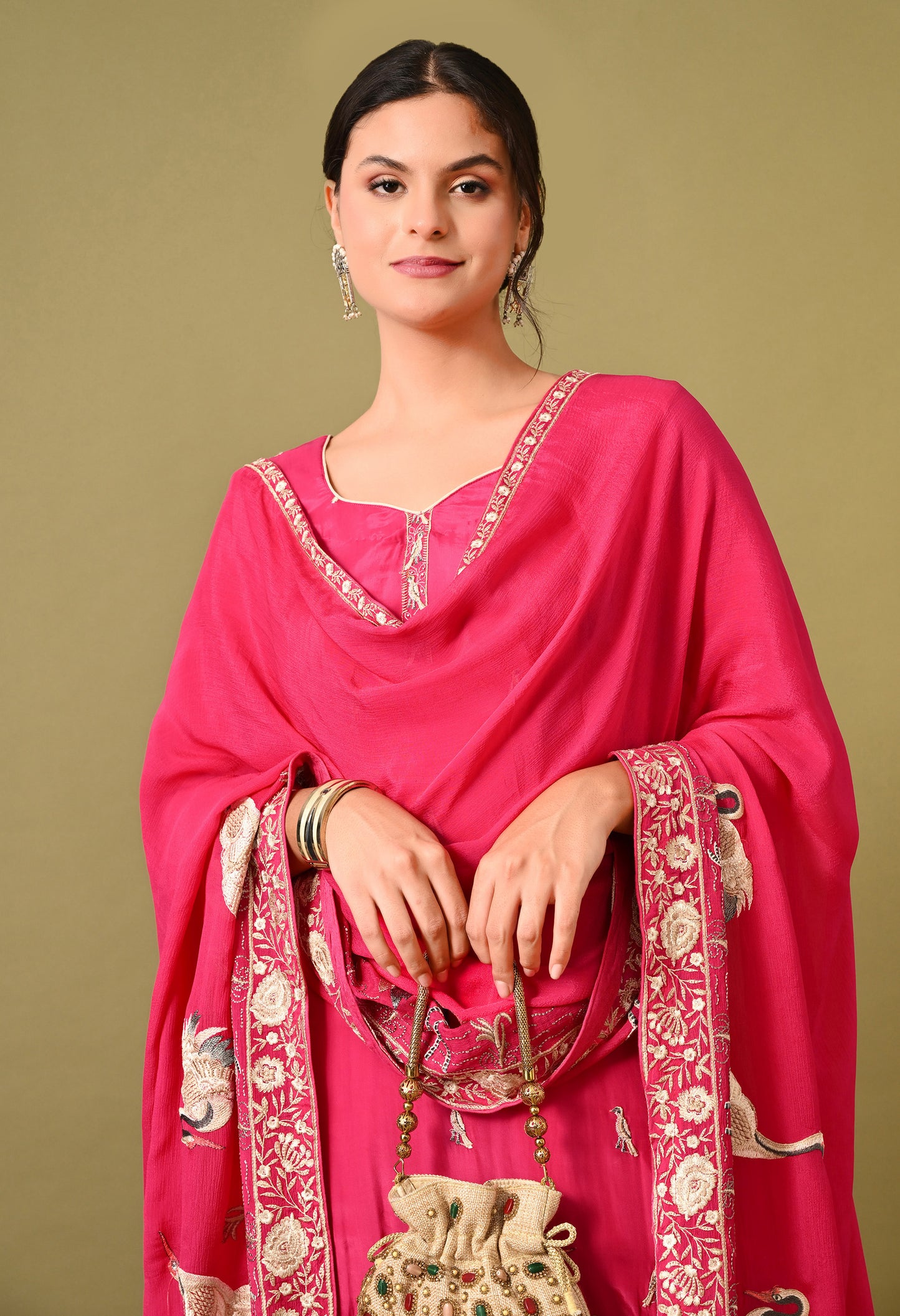 Vibrant and Graceful Reddish Pink Kurta Set with Parsi Work