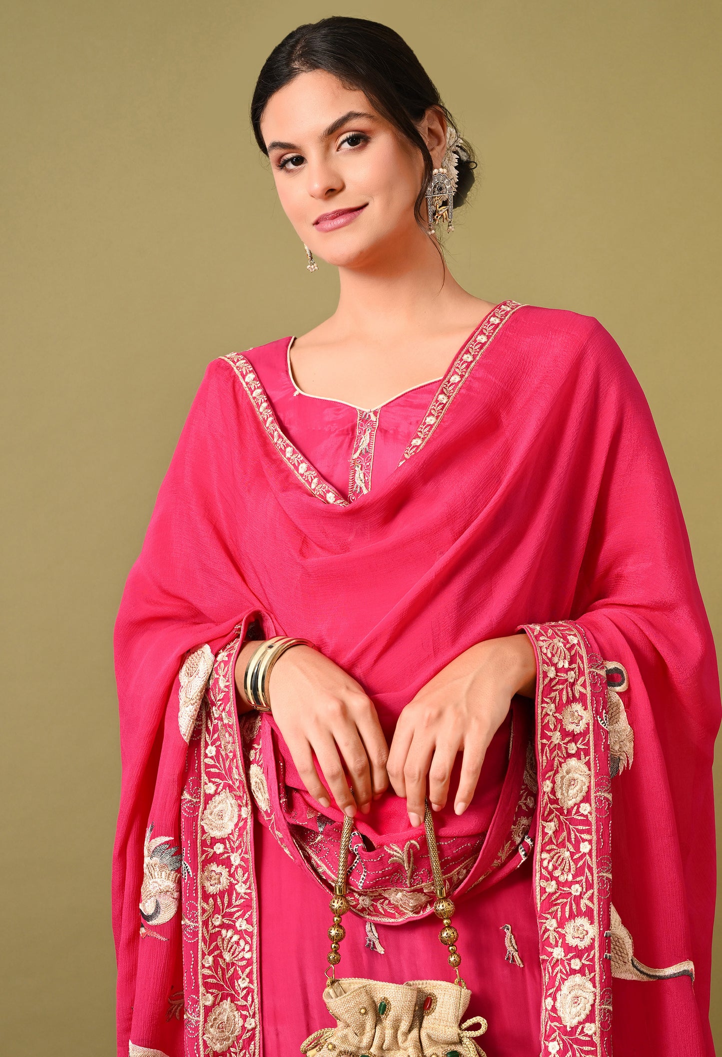 Vibrant and Graceful Reddish Pink Kurta Set with Parsi Work