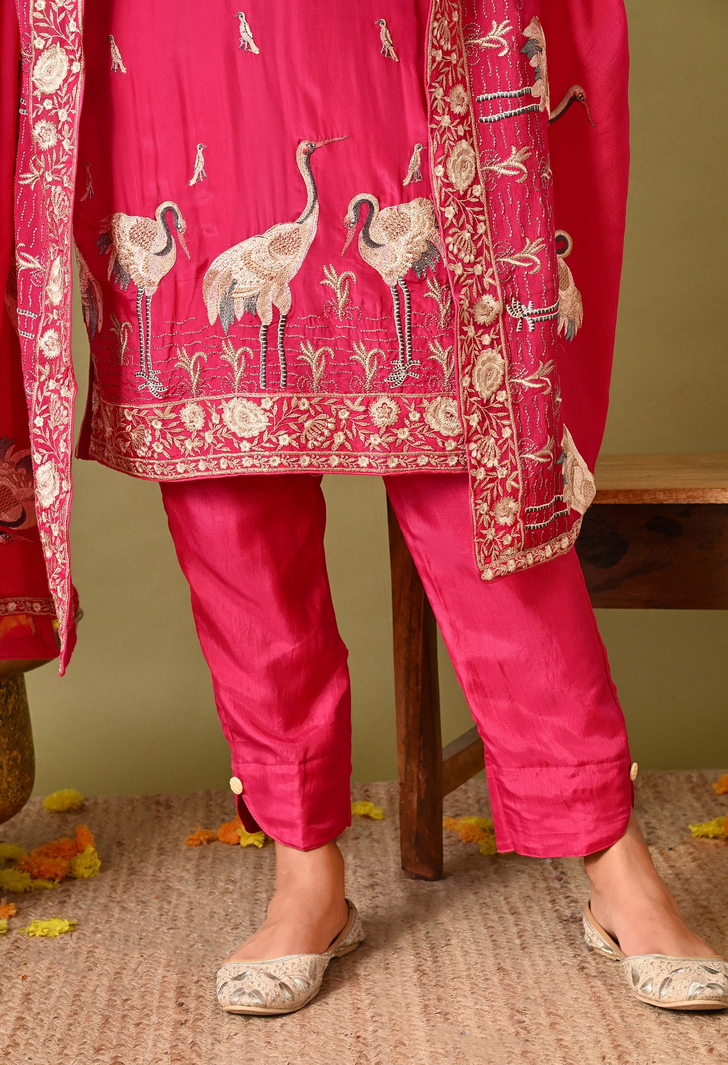 Vibrant and Graceful Reddish Pink Kurta Set with Parsi Work