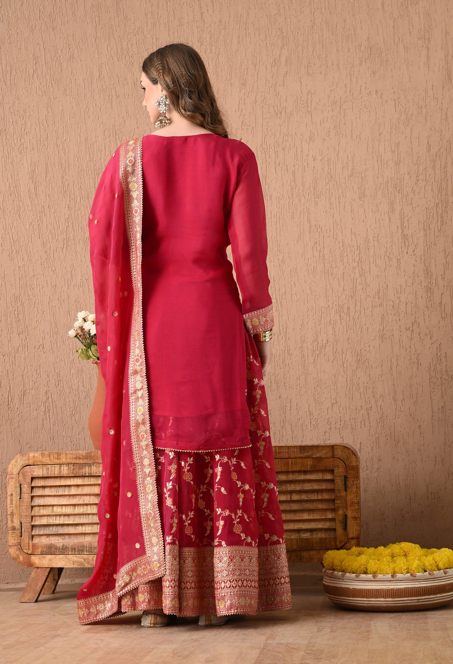 Exquisite Dark Pink Lehnga Set with Banarsi Weaving and Zardozi Work