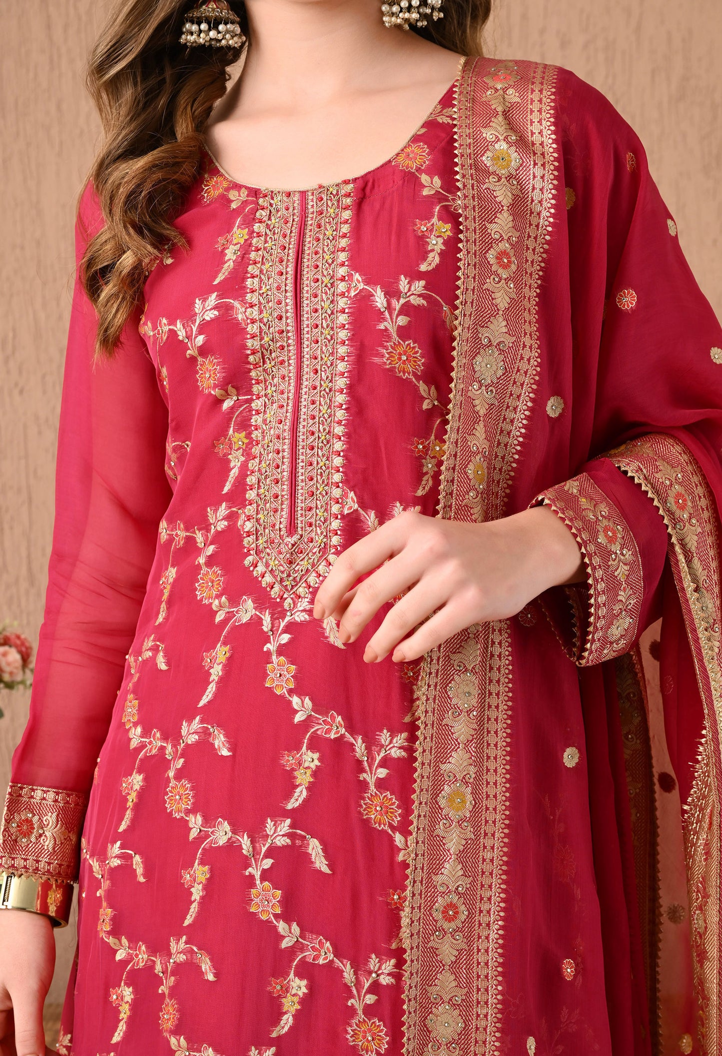 Exquisite Dark Pink Lehnga Set with Banarsi Weaving and Zardozi Work