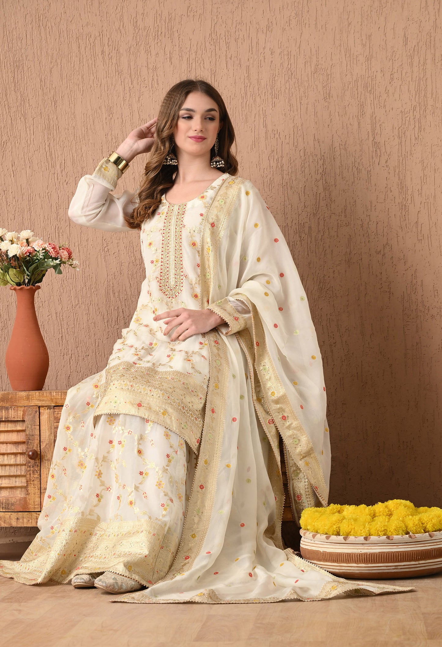 Beautiful Cream Lehnga Set with Banarsi Weaving and Zardozi Work