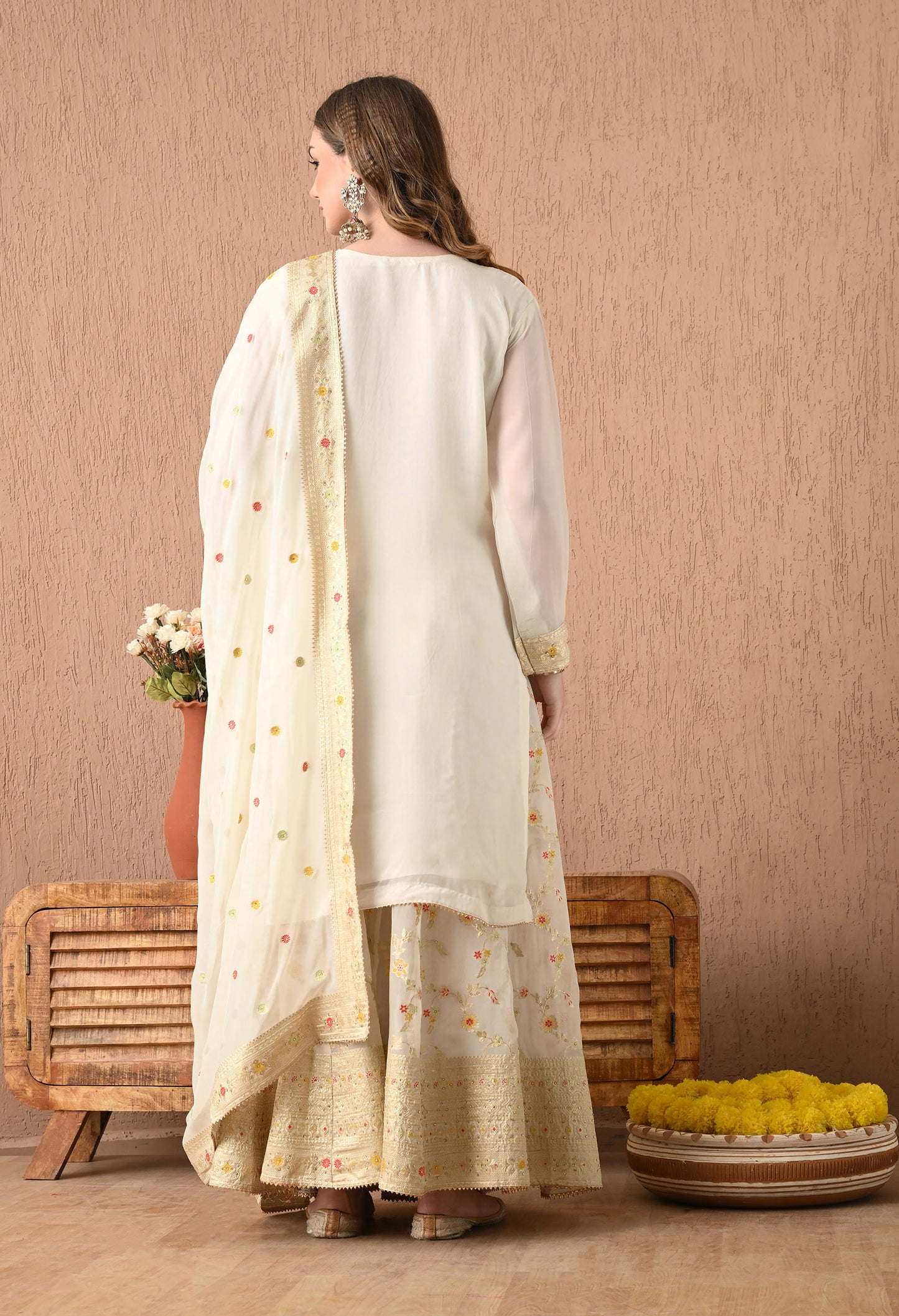 Beautiful Cream Lehnga Set with Banarsi Weaving and Zardozi Work