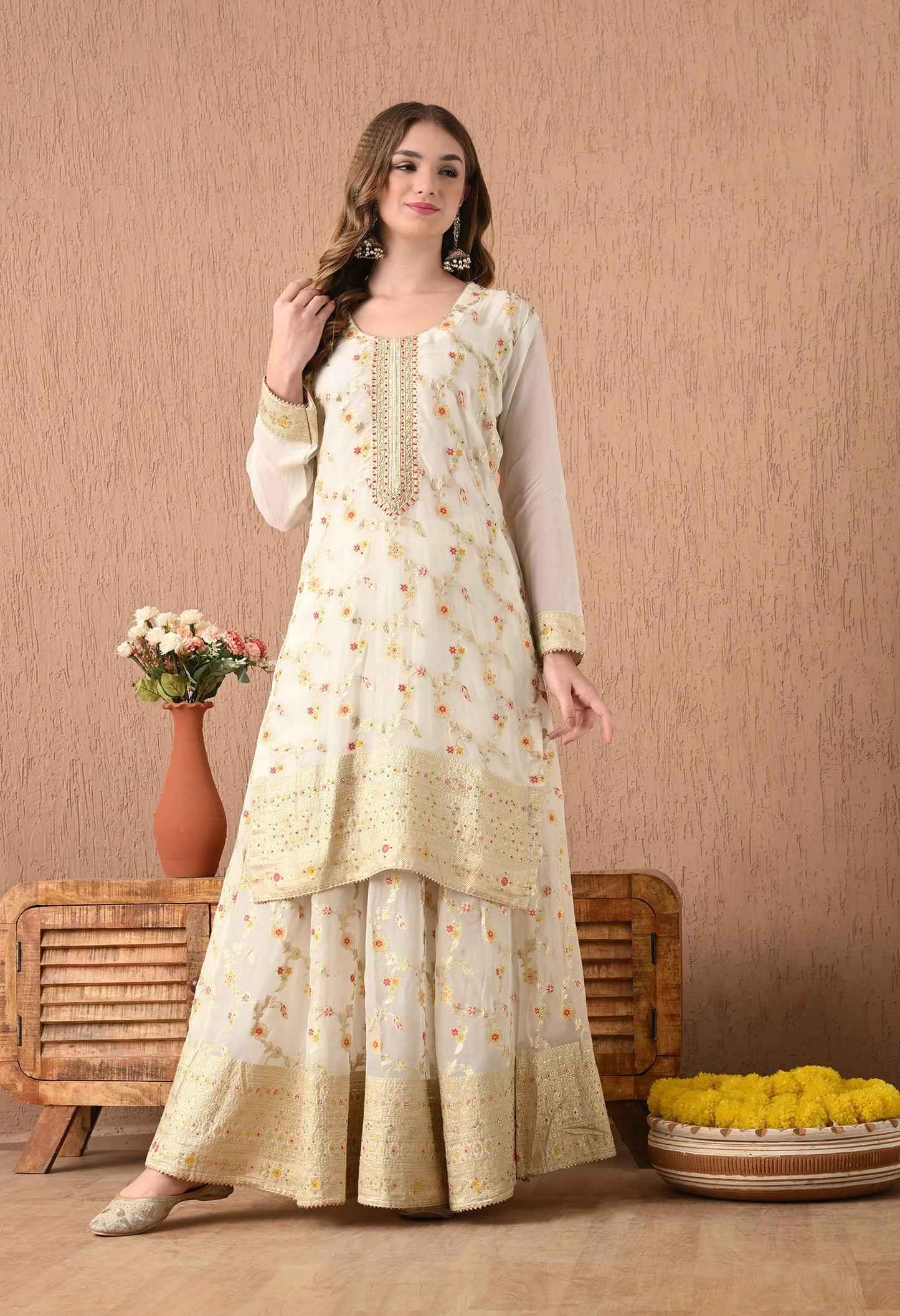 Beautiful Cream Lehnga Set with Banarsi Weaving and Zardozi Work