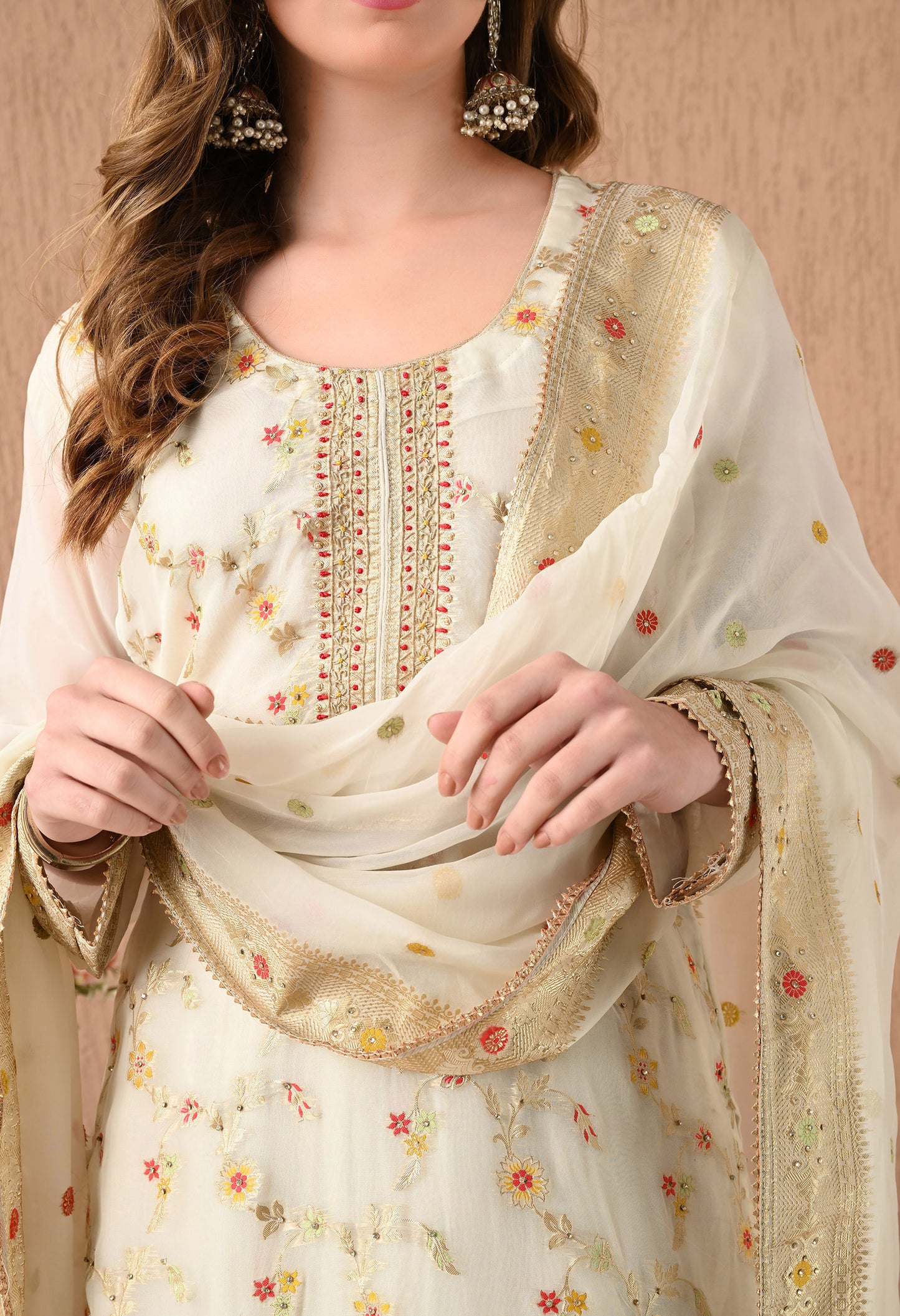 Beautiful Cream Lehnga Set with Banarsi Weaving and Zardozi Work