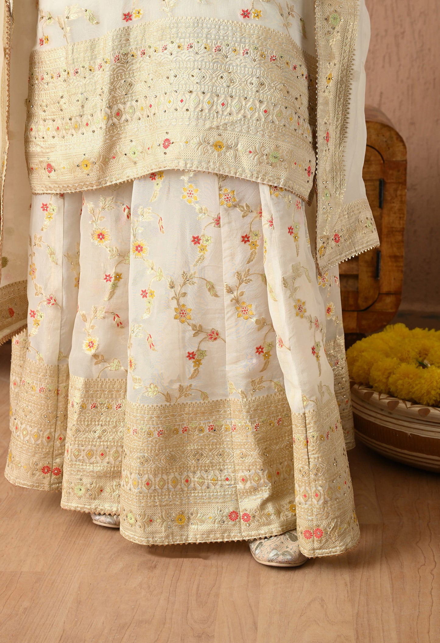 Beautiful Cream Lehnga Set with Banarsi Weaving and Zardozi Work
