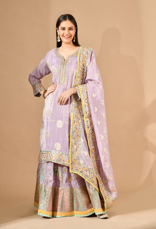 Purple Tissue Silk & Organza Lehenga Set with Zardozi & Gotta Work
