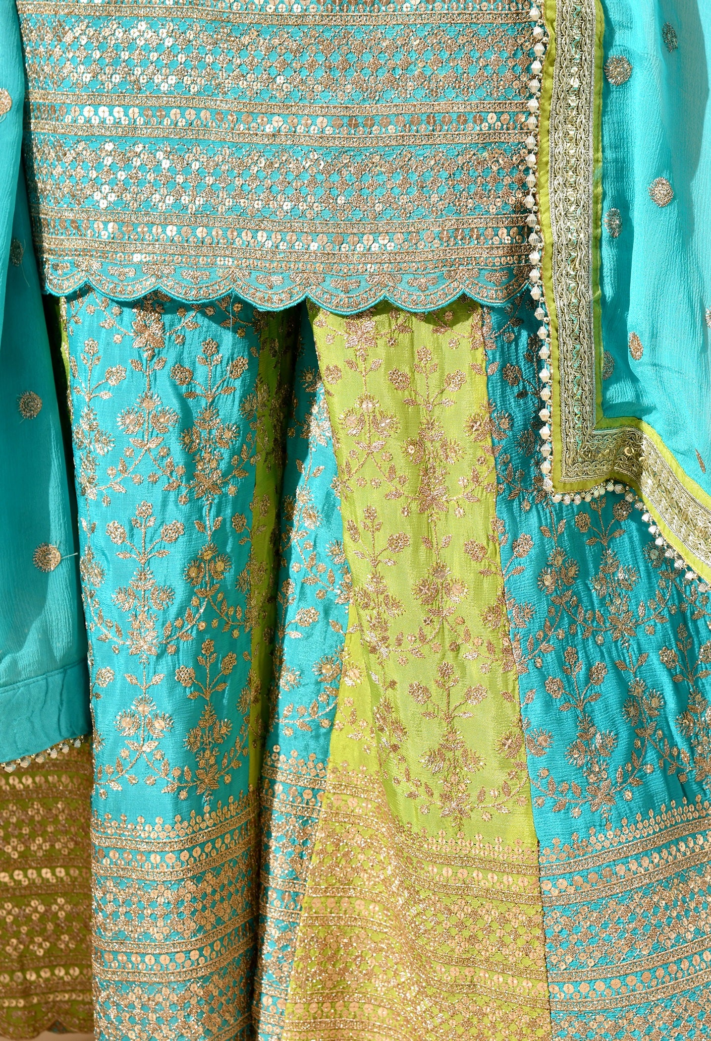 Blue Chinon Sharara Set with Zardozi, Crystal & Sequin Work