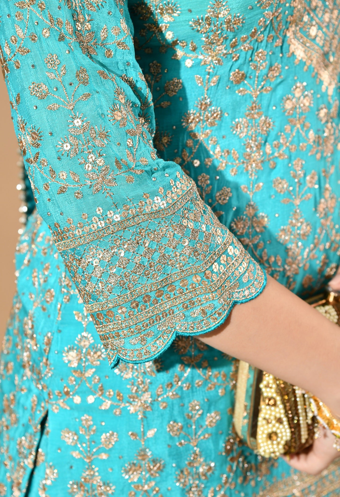Blue Chinon Sharara Set with Zardozi, Crystal & Sequin Work