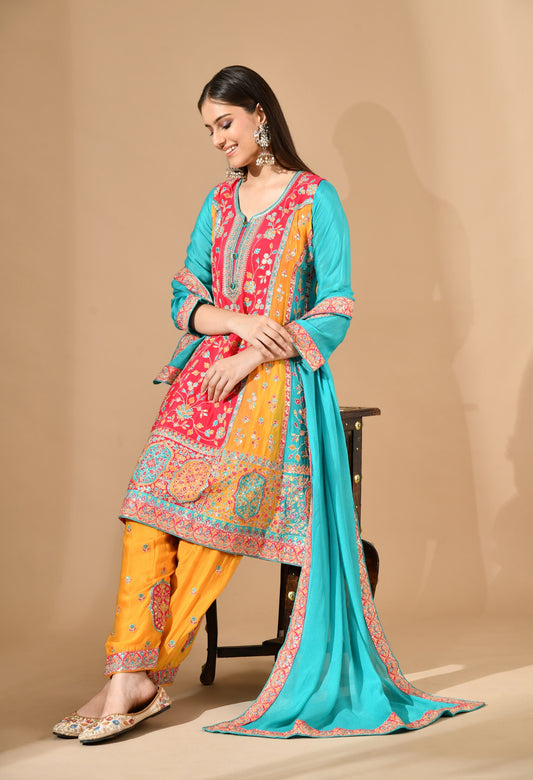 Multicolour Yellow Kurta Set with Zardozi & Thread Embroidery