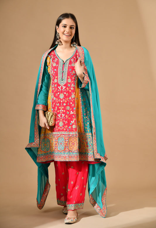 Pink Chinon Kurta Set with Zardozi & Sequin Embroidery