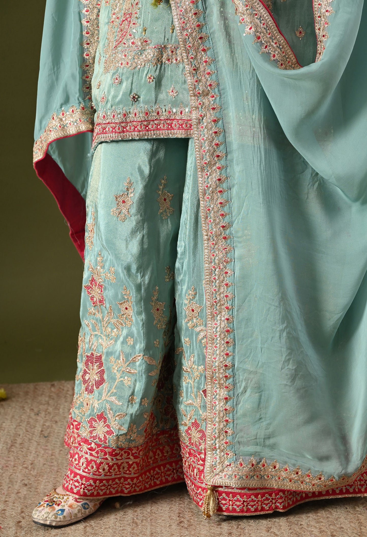 Light Blue Tissue Silk & Organza Zardozi–Applique–Thread–Sequence Sharara Set