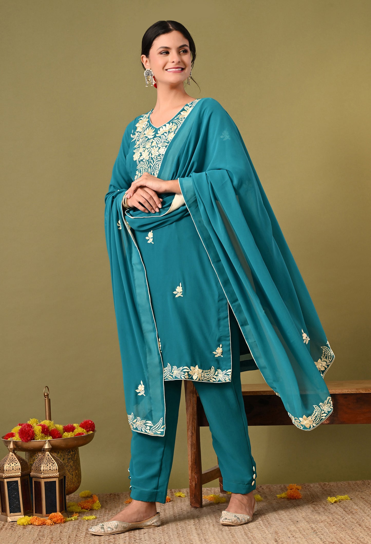 Charismatic Firozi Blue Kurta Set with Parsi Work