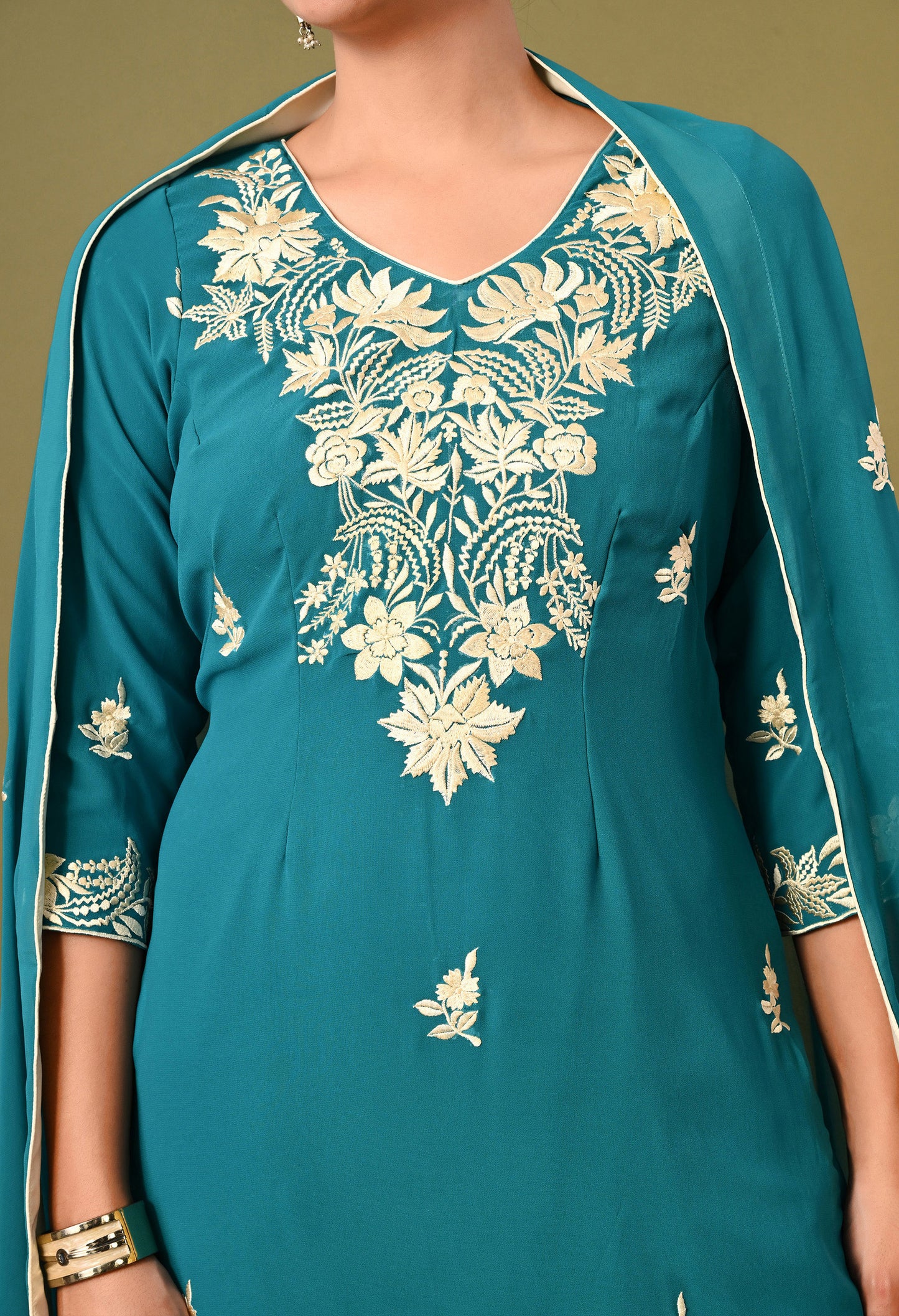 Charismatic Firozi Blue Kurta Set with Parsi Work