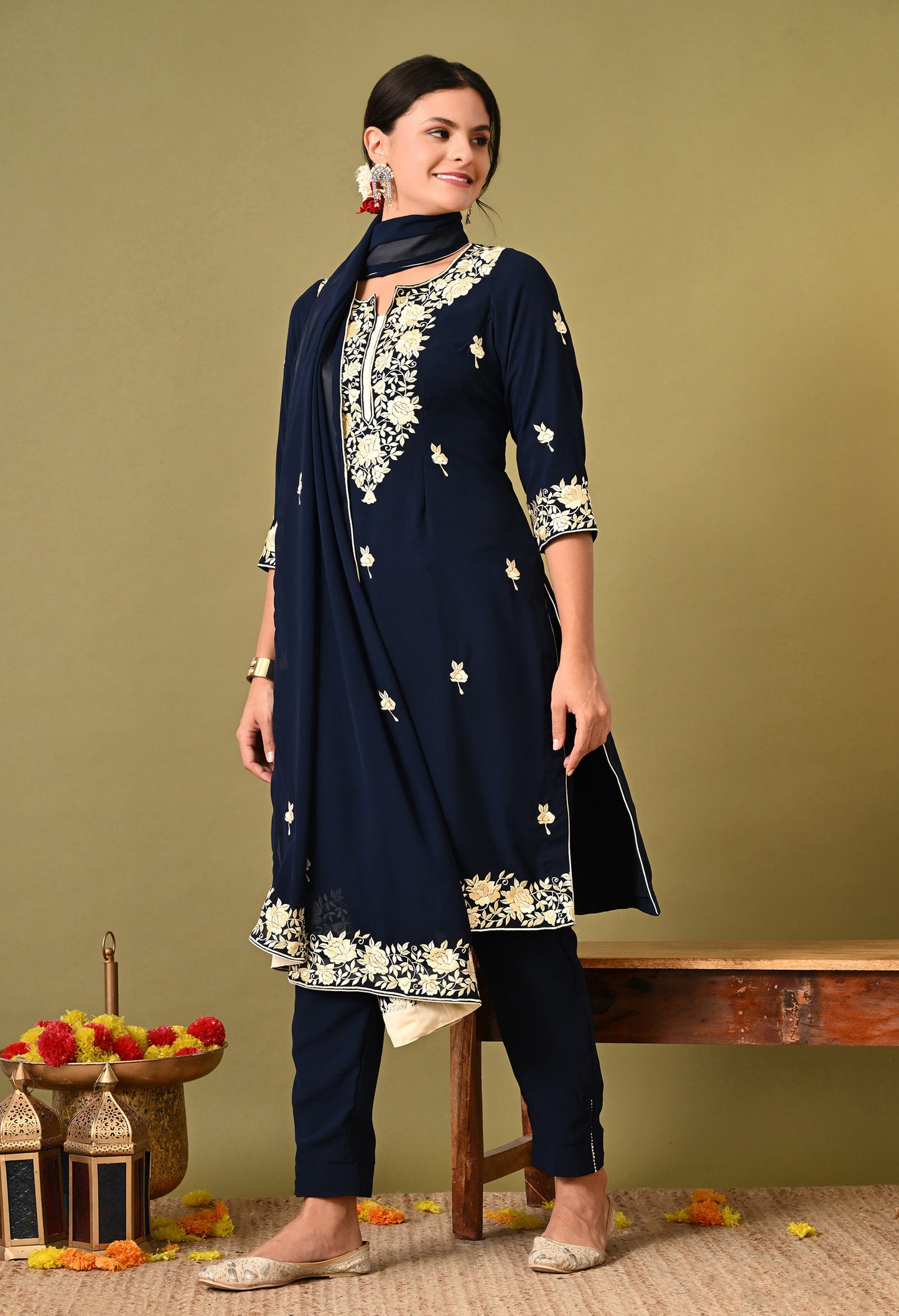 Beautiful Dark Blue Kurta Set with Excellent Parsi Work